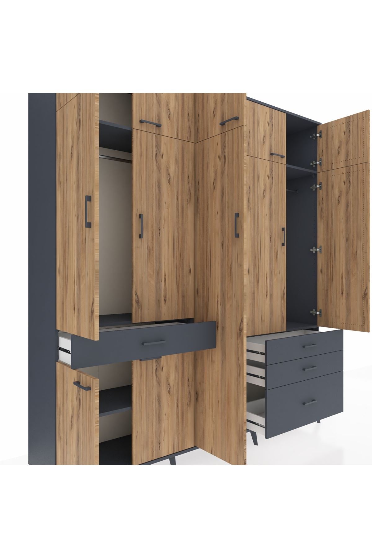 Hyperion Dolap 11 Raflı 4 Çekmeceli 2 Askılı 220x44x243 Antrasit-Çam/Antrasit