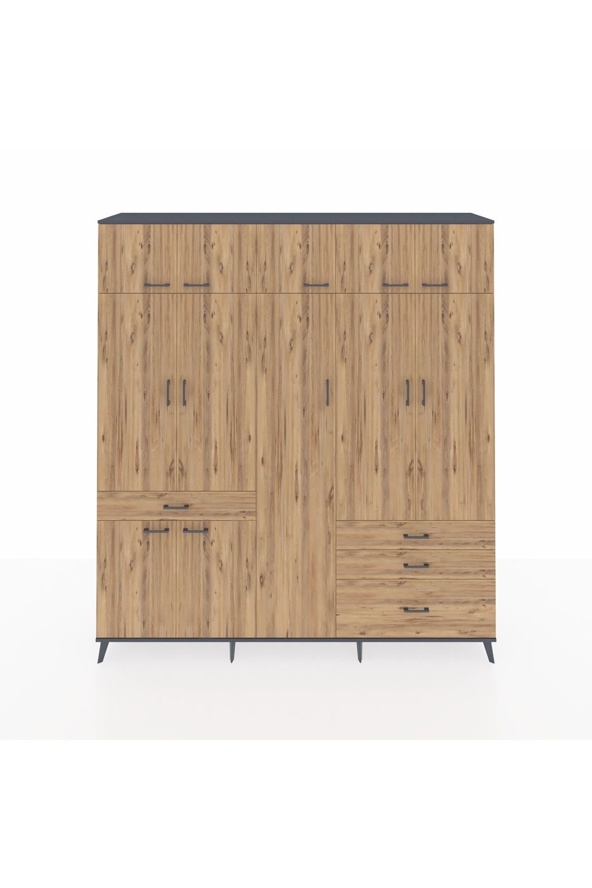 Hyperion Dolap 11 Raflı 4 Çekmeceli 2 Askılı 220x44x243 Antrasit-Çam/Çam