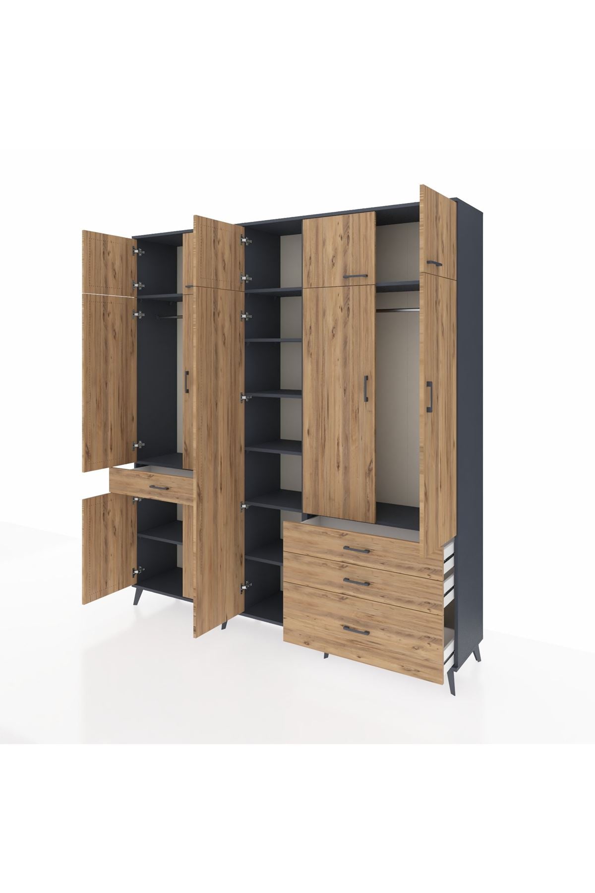 Hyperion Dolap 11 Raflı 4 Çekmeceli 2 Askılı 220x44x243 Antrasit-Çam/Çam