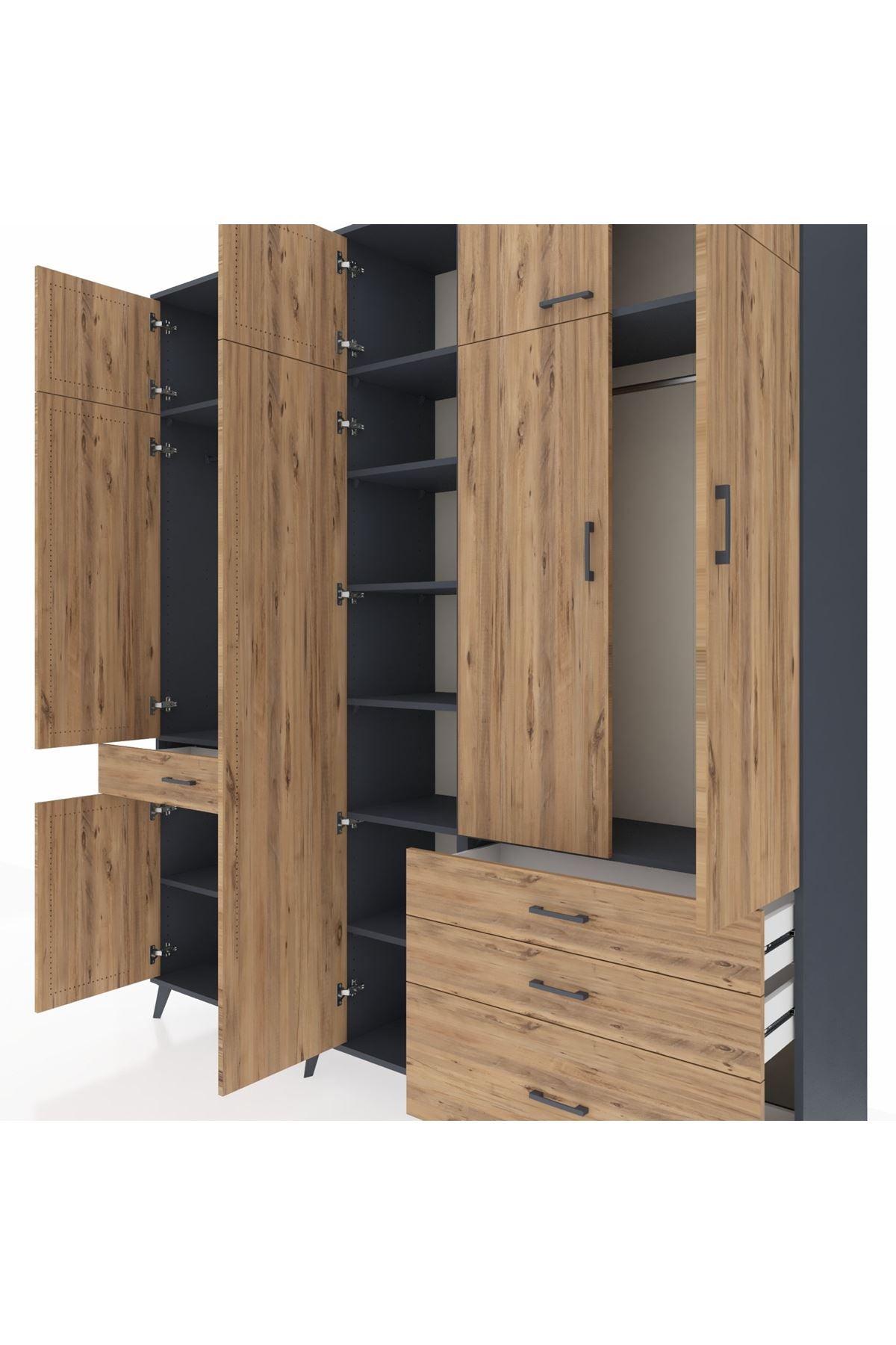 Hyperion Dolap 11 Raflı 4 Çekmeceli 2 Askılı 220x44x243 Antrasit-Çam/Çam