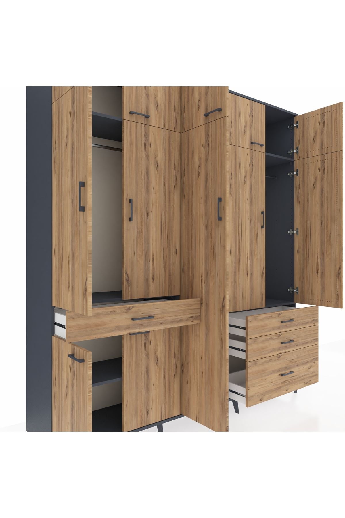 Hyperion Dolap 11 Raflı 4 Çekmeceli 2 Askılı 220x44x243 Antrasit-Çam/Çam