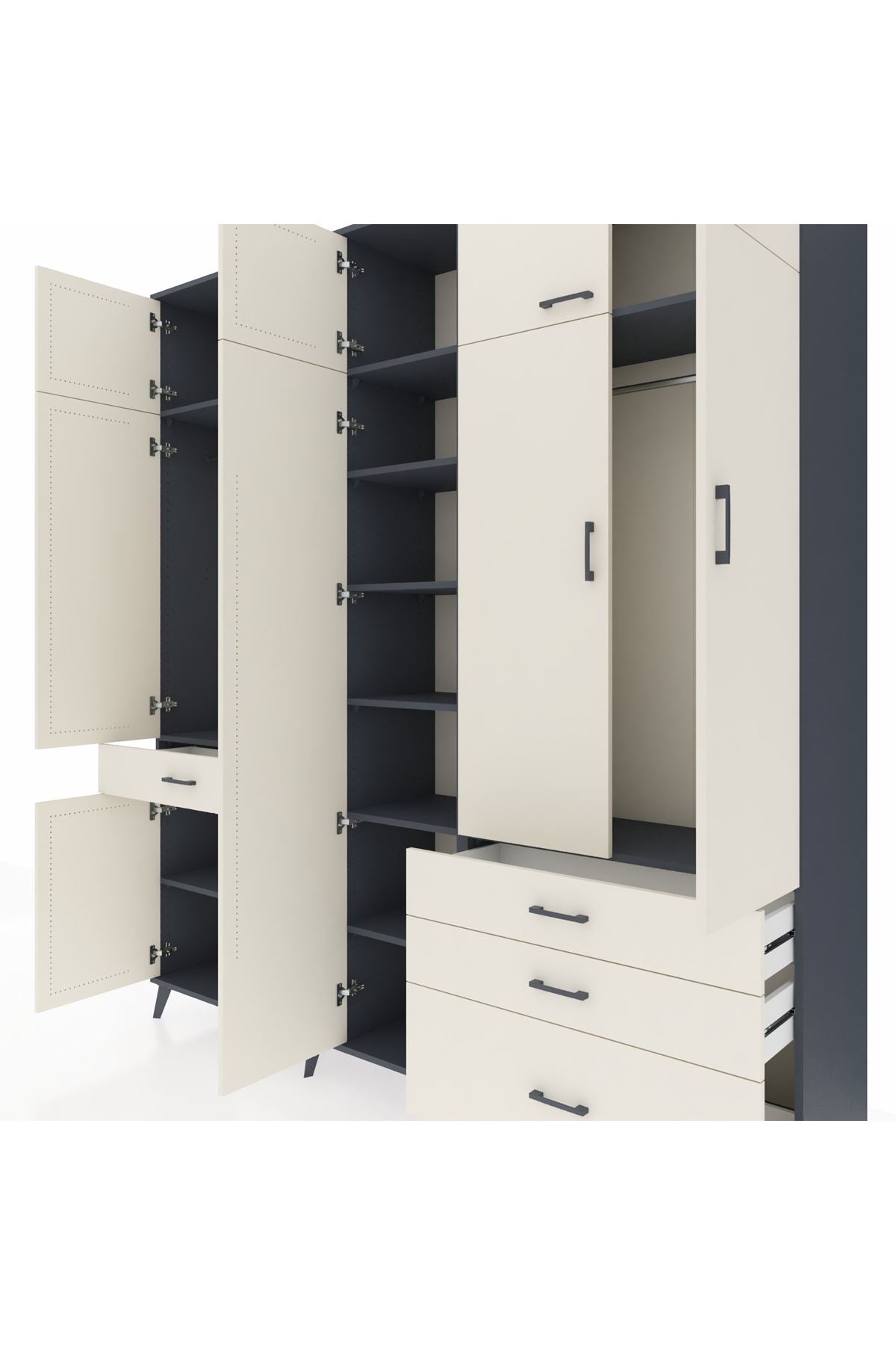 Hyperion Dolap 11 Raflı 4 Çekmeceli 2 Askılı 220x44x243 Antrasit-Aytaşı/Aytaşı