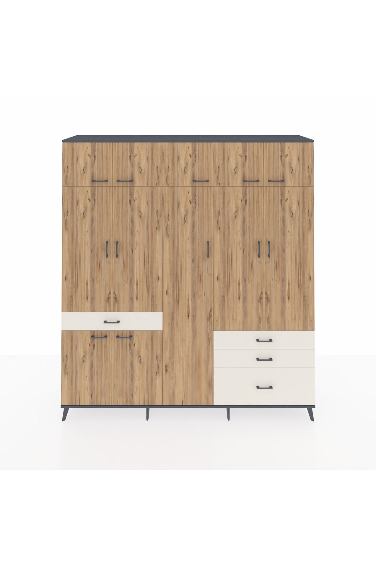 Hyperion Dolap 11 Raflı 4 Çekmeceli 2 Askılı 220x44x243 Antrasit-Çam/Aytaşı