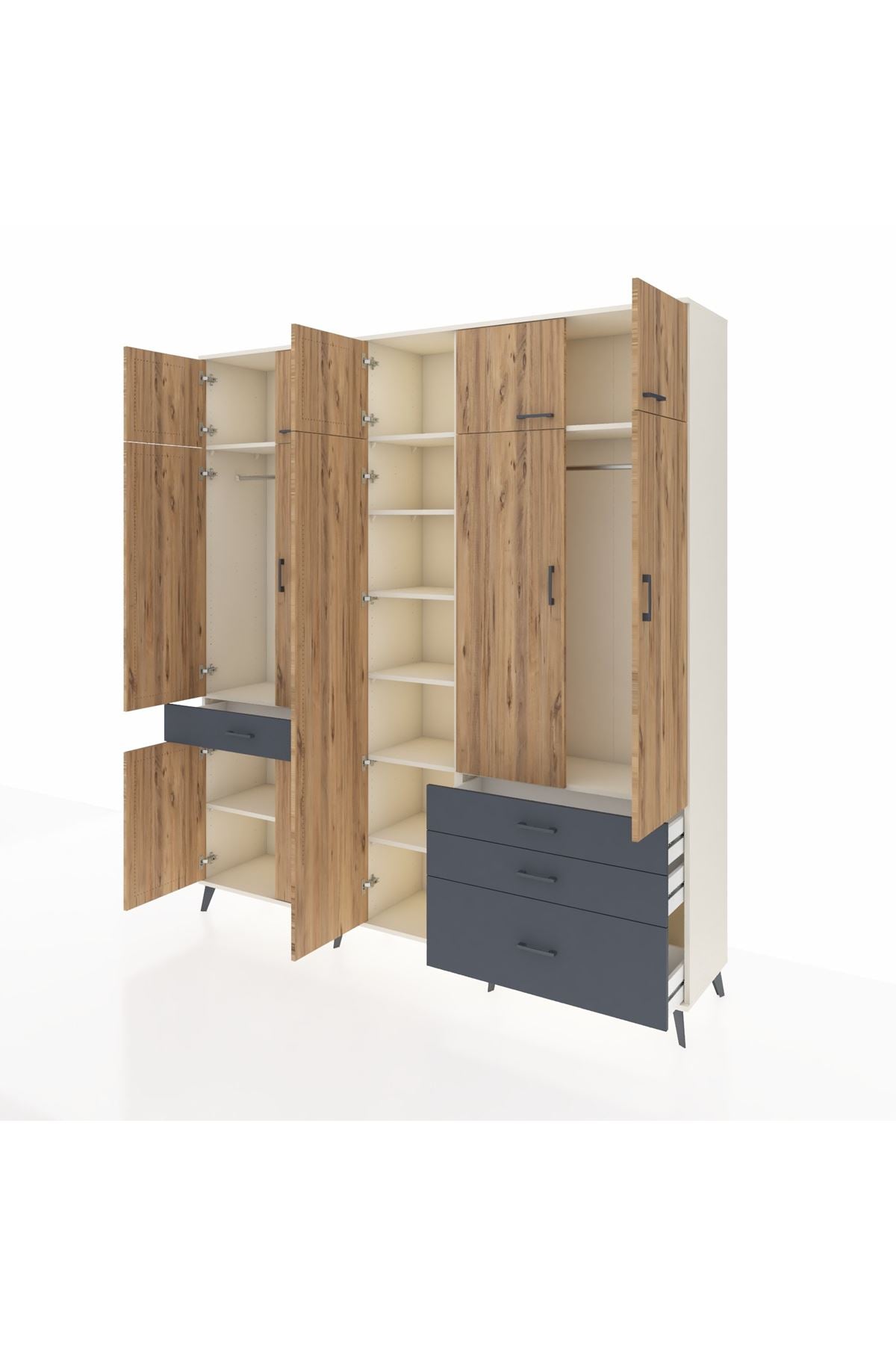 Hyperion Dolap 11 Raflı 4 Çekmeceli 2 Askılı 220x44x243 Aytaşı-Çam/Antrasit