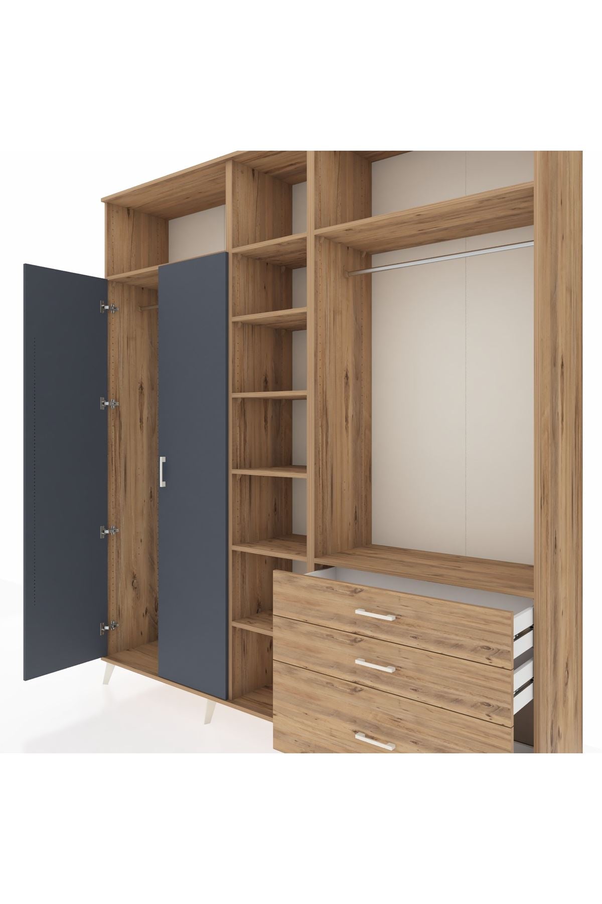 Hyperion Dolap 9 Raflı 3 Çekmeceli 2 Askılı 220x44x243 Çam-Antrasit/Çam