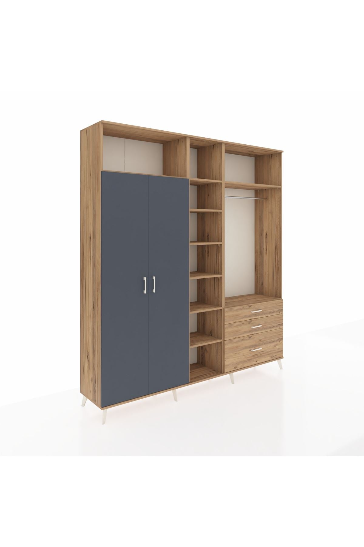 Hyperion Dolap 9 Raflı 3 Çekmeceli 2 Askılı 220x44x243 Çam-Antrasit/Çam