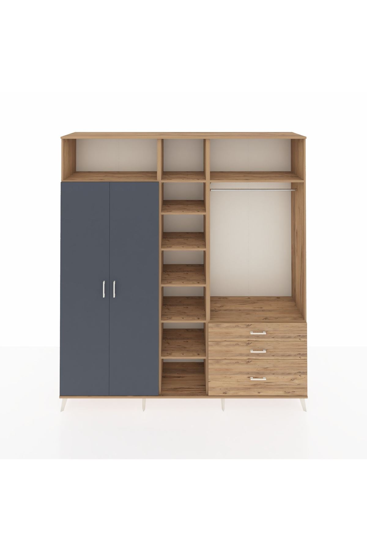 Hyperion Dolap 9 Raflı 3 Çekmeceli 2 Askılı 220x44x243 Çam-Antrasit/Çam