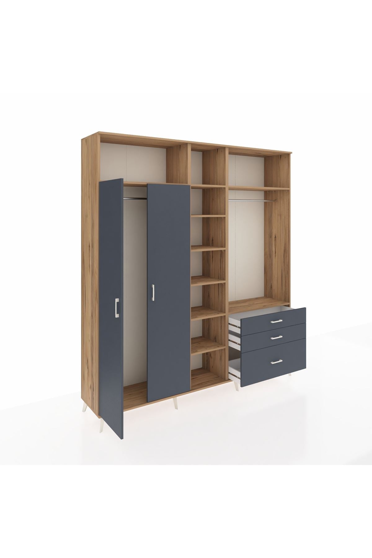 Hyperion Dolap 9 Raflı 3 Çekmeceli 2 Askılı 220x44x243 Çam-Antrasit/Antrasit