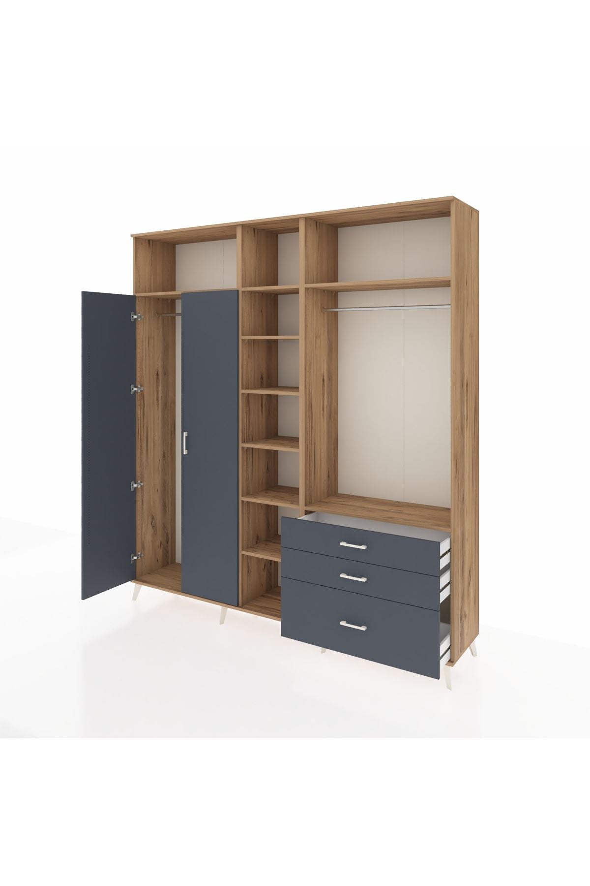 Hyperion Dolap 9 Raflı 3 Çekmeceli 2 Askılı 220x44x243 Çam-Antrasit/Antrasit