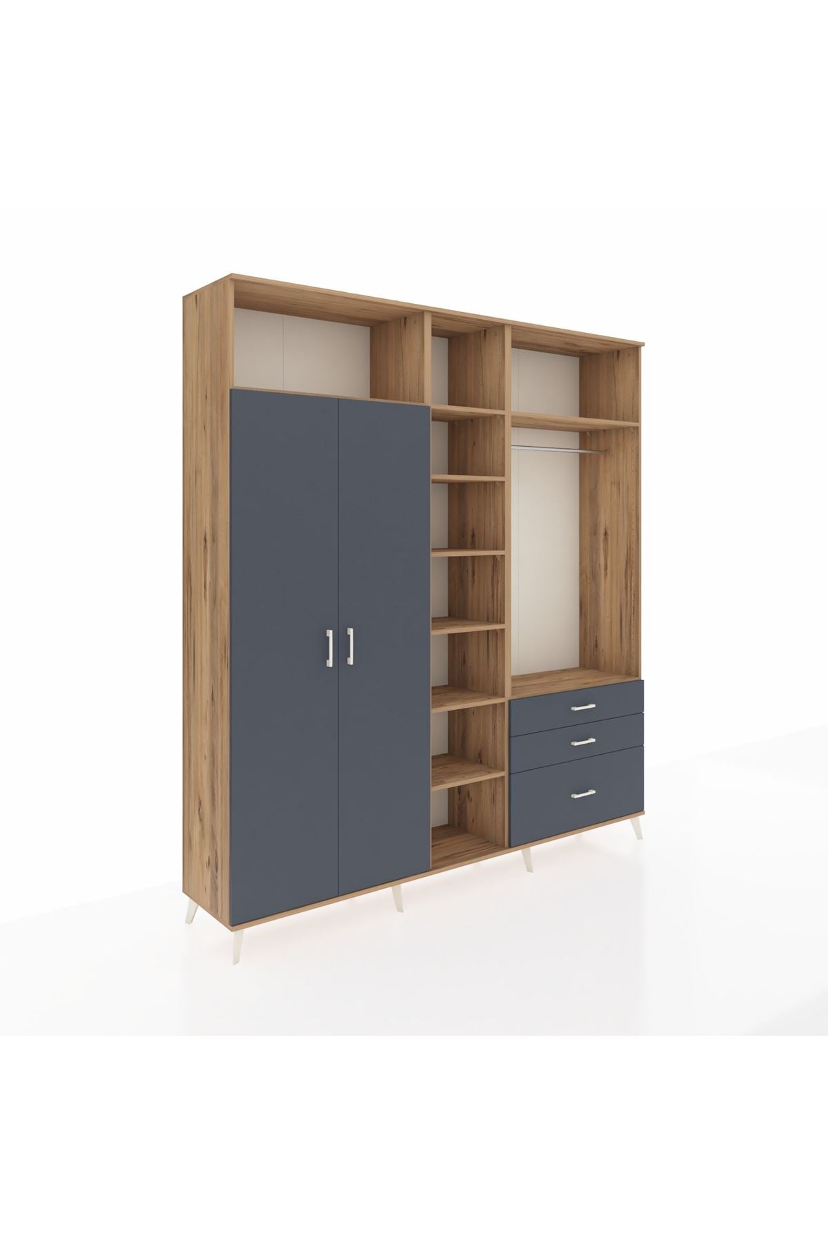 Hyperion Dolap 9 Raflı 3 Çekmeceli 2 Askılı 220x44x243 Çam-Antrasit/Antrasit