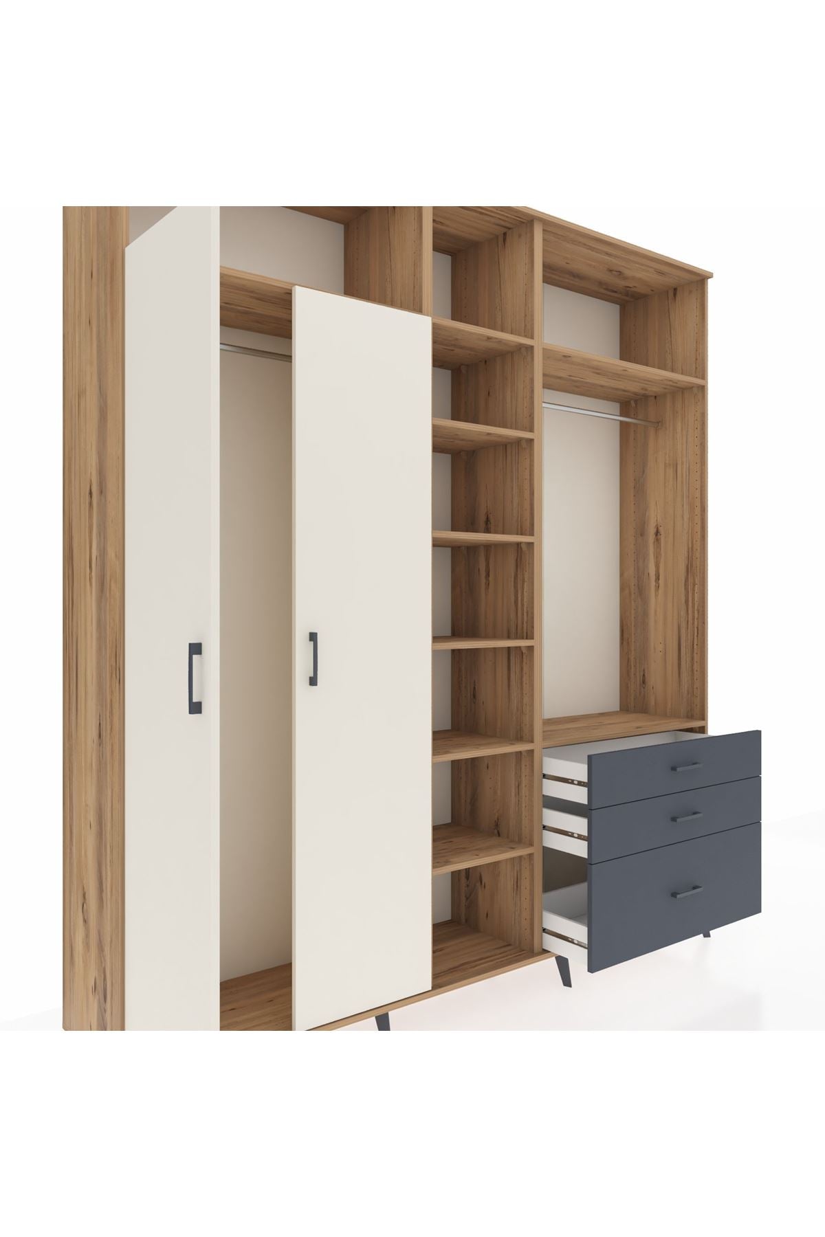 Hyperion Dolap 9 Raflı 3 Çekmeceli 2 Askılı 220x44x243 Çam-Aytaşı/Antrasit