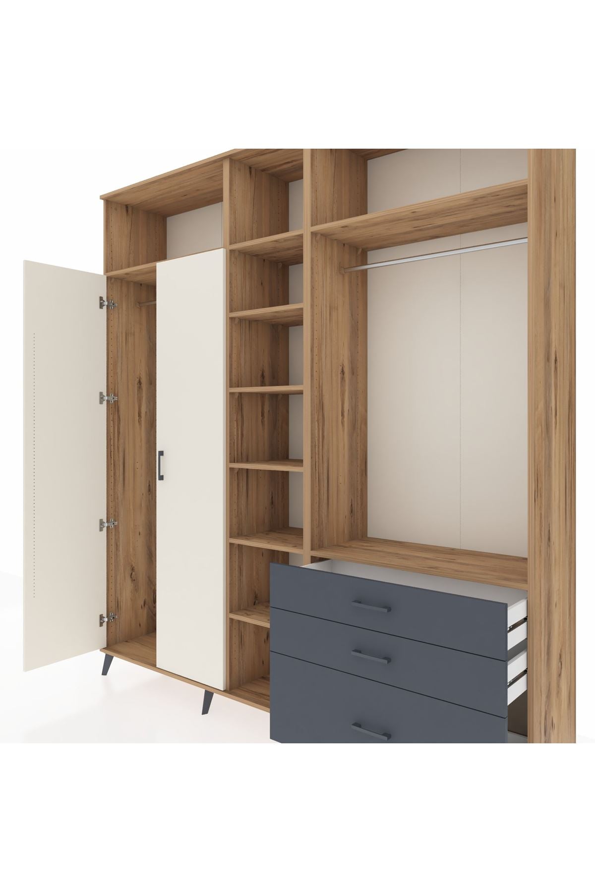 Hyperion Dolap 9 Raflı 3 Çekmeceli 2 Askılı 220x44x243 Çam-Aytaşı/Antrasit