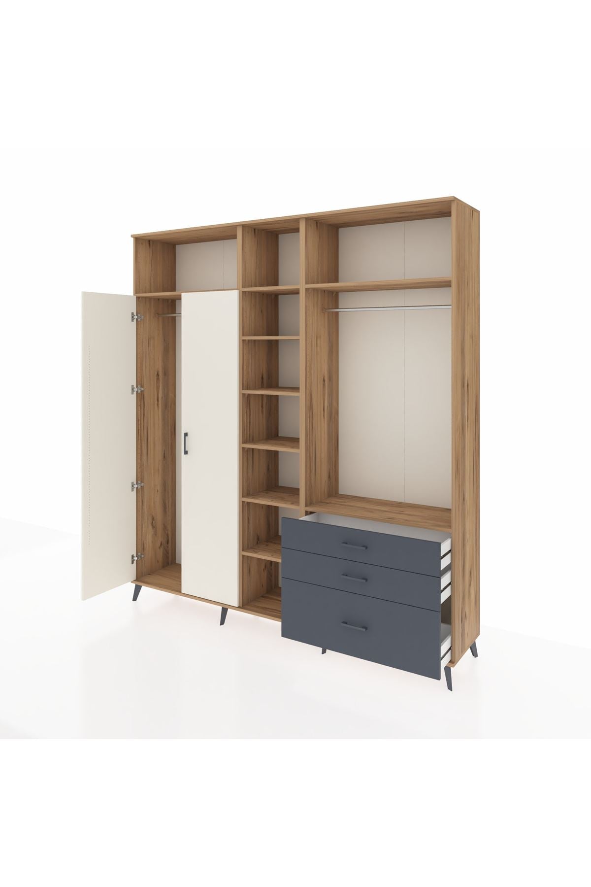 Hyperion Dolap 9 Raflı 3 Çekmeceli 2 Askılı 220x44x243 Çam-Aytaşı/Antrasit