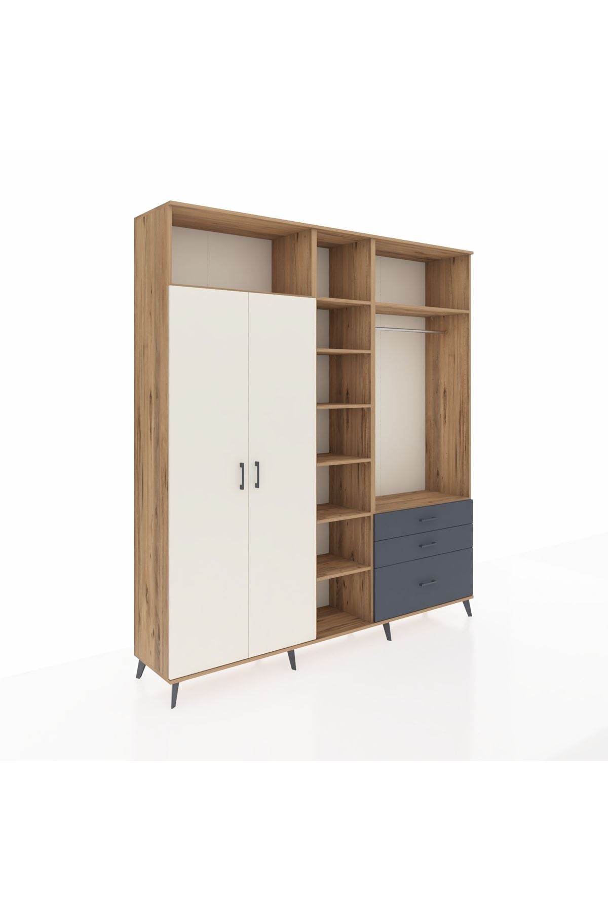 Hyperion Dolap 9 Raflı 3 Çekmeceli 2 Askılı 220x44x243 Çam-Aytaşı/Antrasit