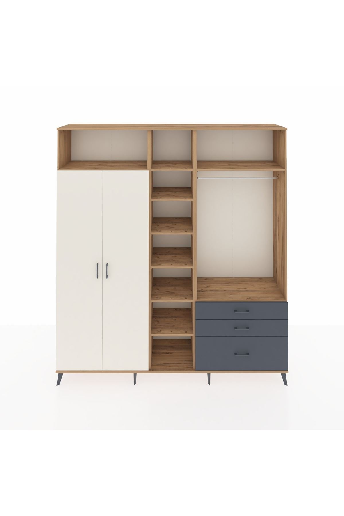 Hyperion Dolap 9 Raflı 3 Çekmeceli 2 Askılı 220x44x243 Çam-Aytaşı/Antrasit