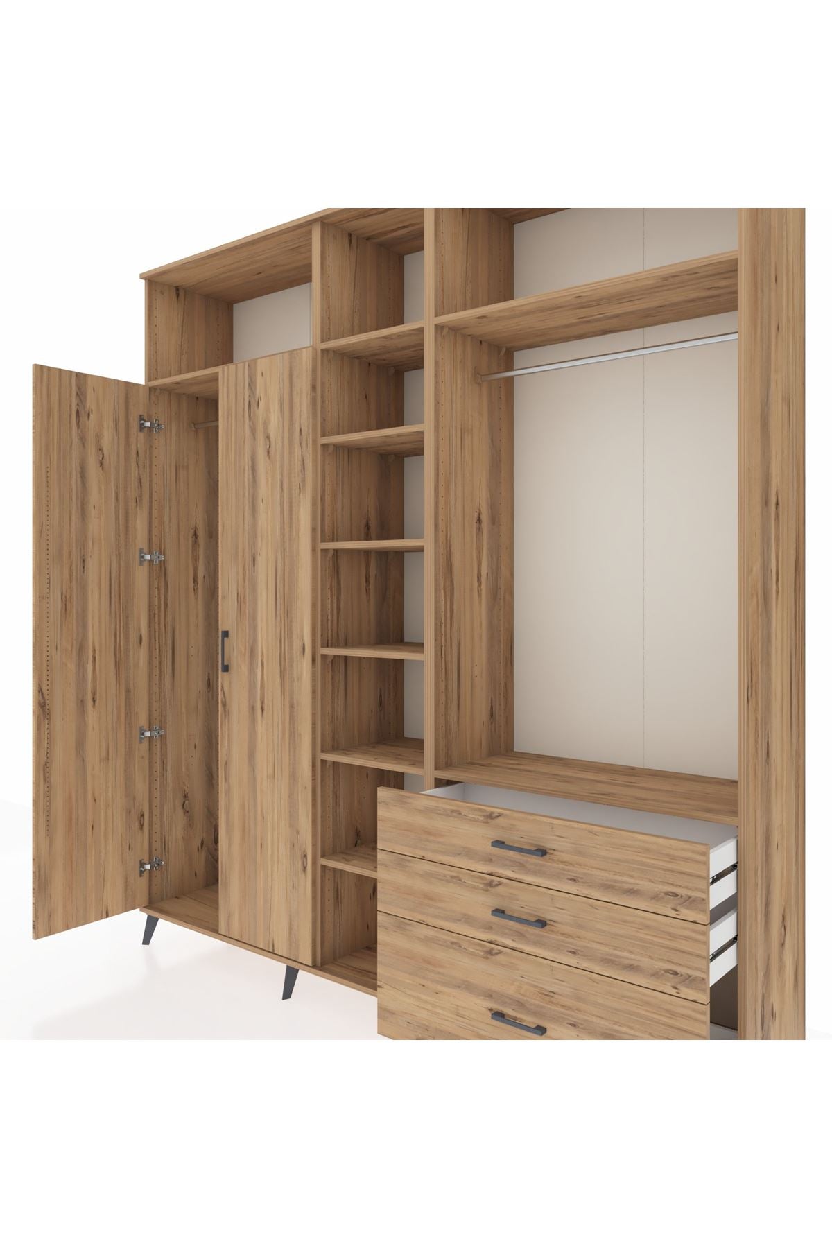 Hyperion Dolap 9 Raflı 3 Çekmeceli 2 Askılı 220x44x243 Çam-Çam/Çam