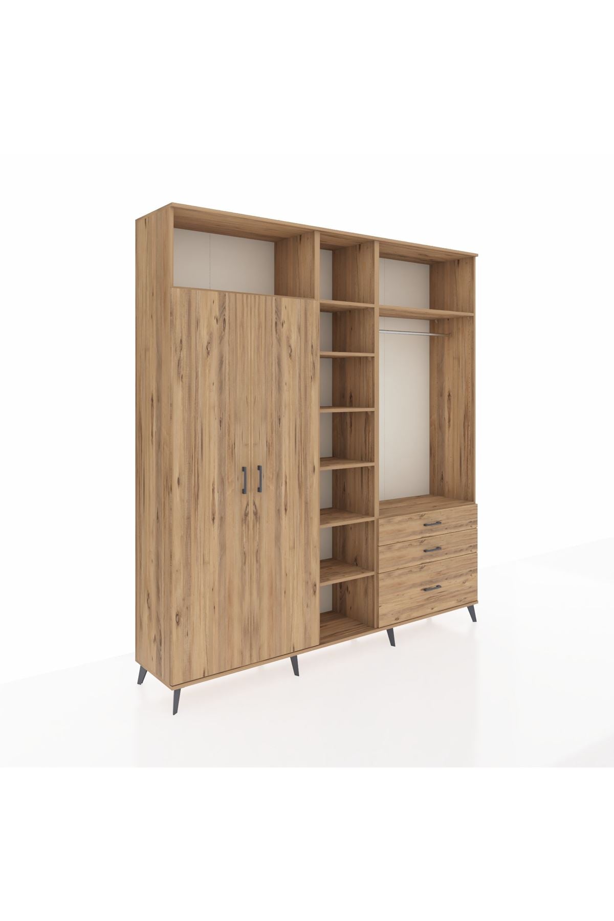 Hyperion Dolap 9 Raflı 3 Çekmeceli 2 Askılı 220x44x243 Çam-Çam/Çam