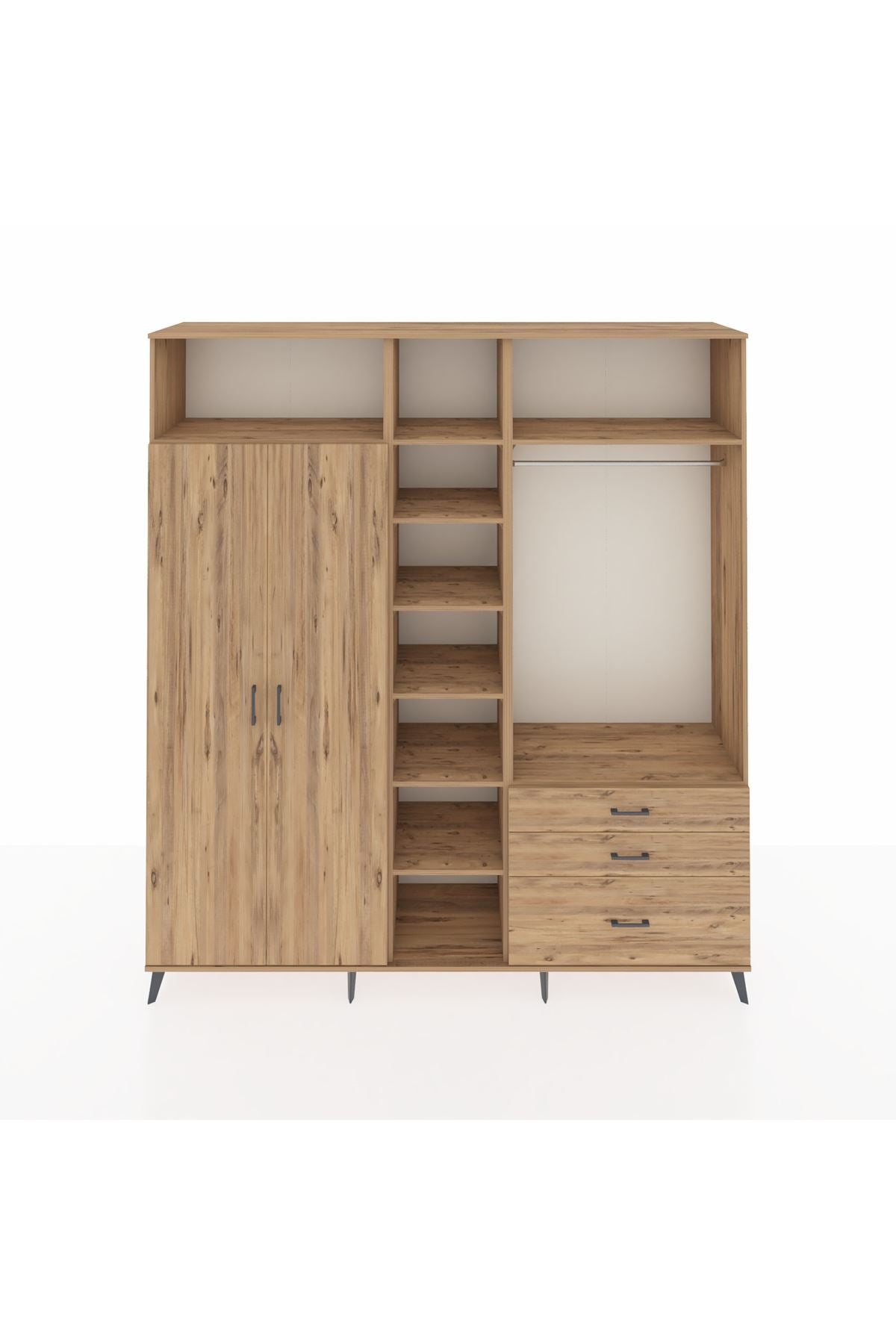 Hyperion Dolap 9 Raflı 3 Çekmeceli 2 Askılı 220x44x243 Çam-Çam/Çam