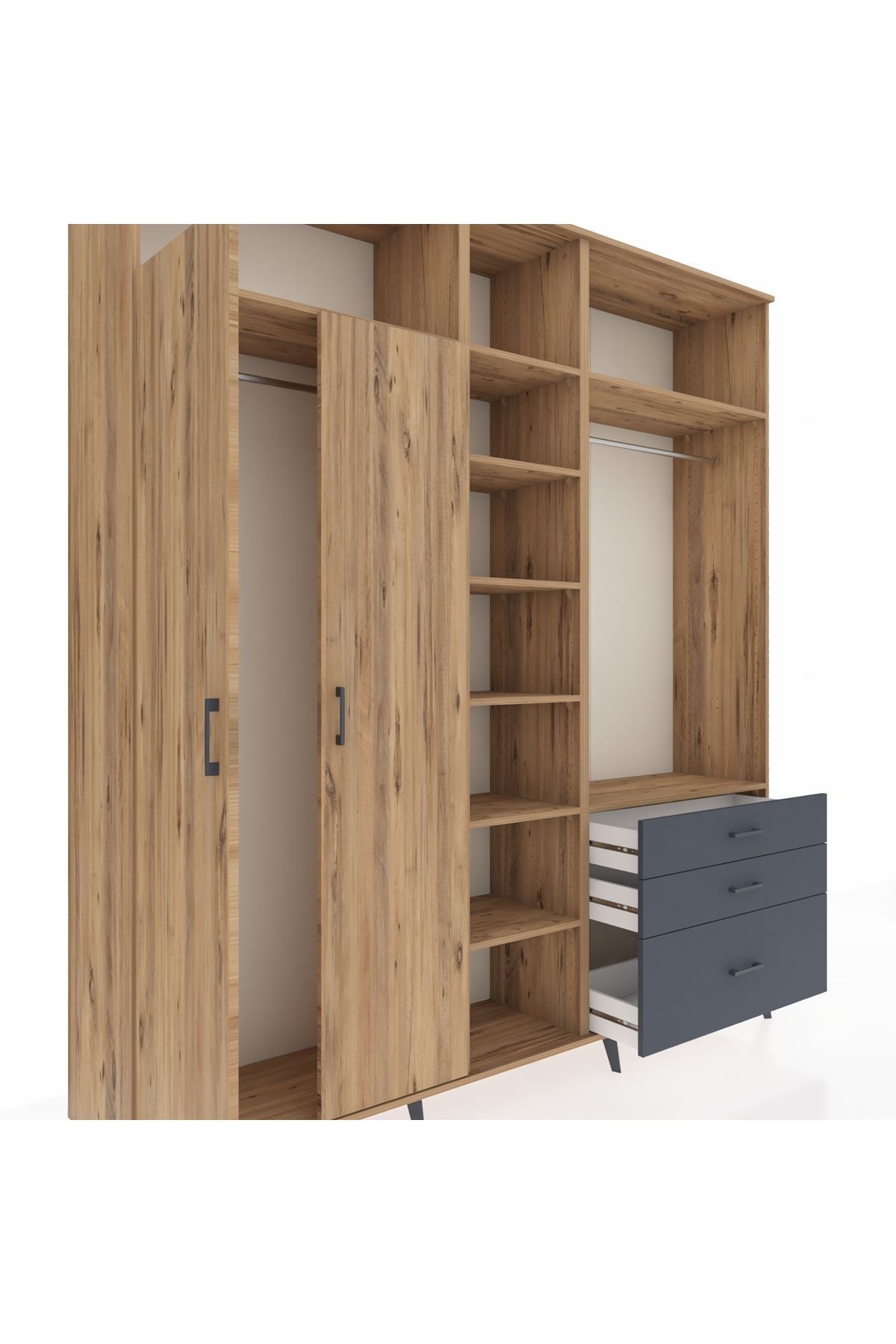 Hyperion Dolap 9 Raflı 3 Çekmeceli 2 Askılı 220x44x243 Çam-Çam/Antrasit