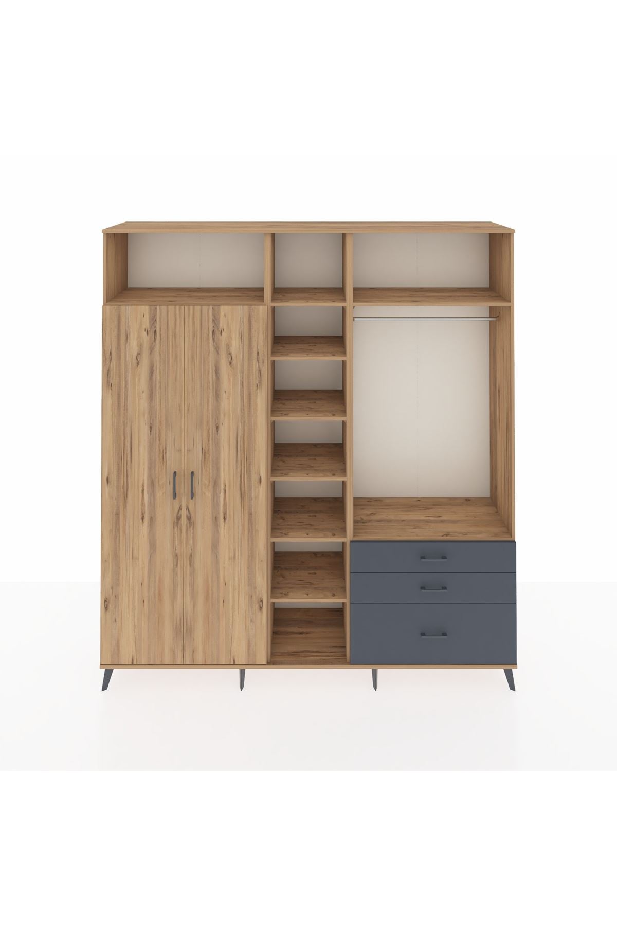 Hyperion Dolap 9 Raflı 3 Çekmeceli 2 Askılı 220x44x243 Çam-Çam/Antrasit