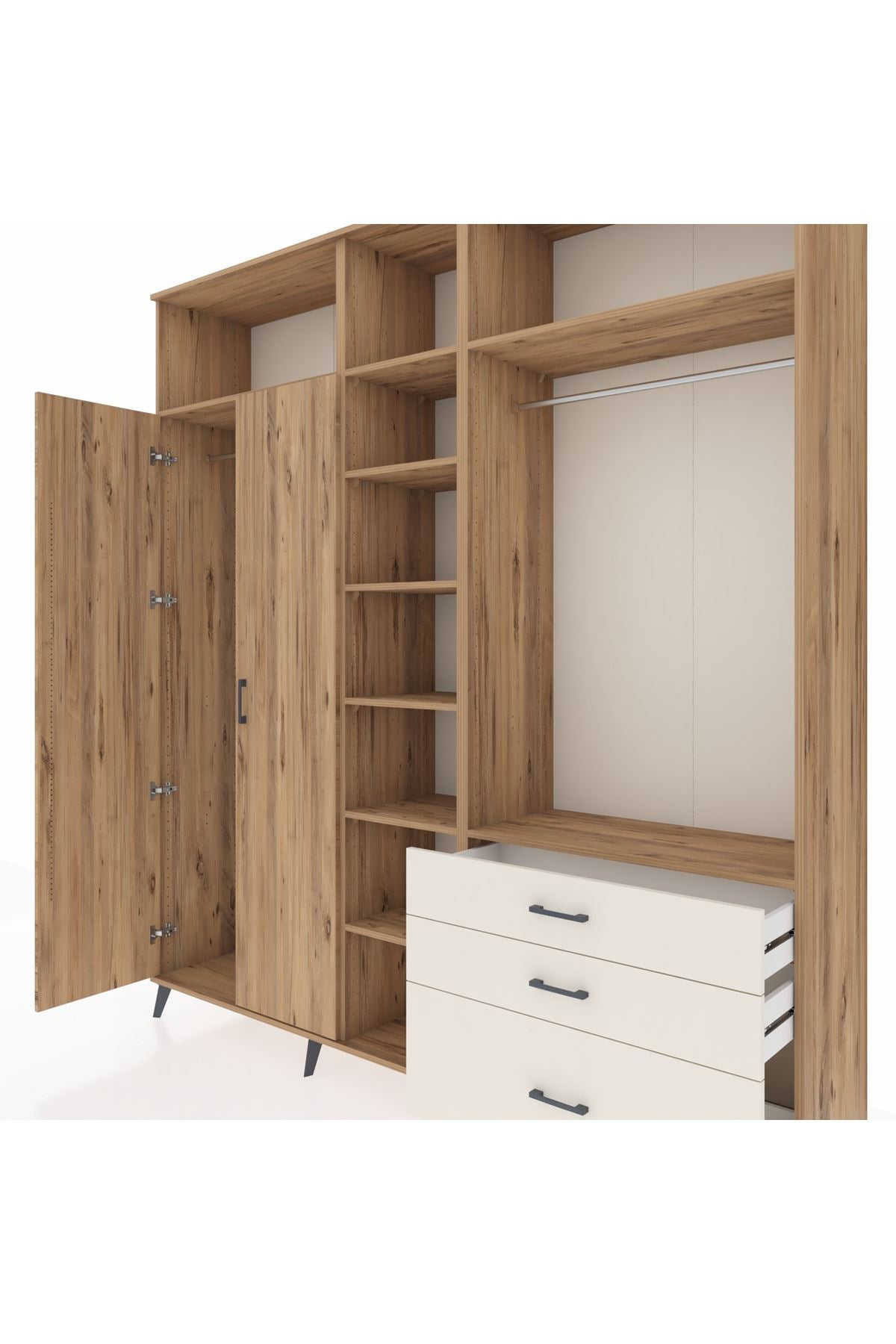 Hyperion Dolap 9 Raflı 3 Çekmeceli 2 Askılı 220x44x243 Çam-Çam/Aytaşı