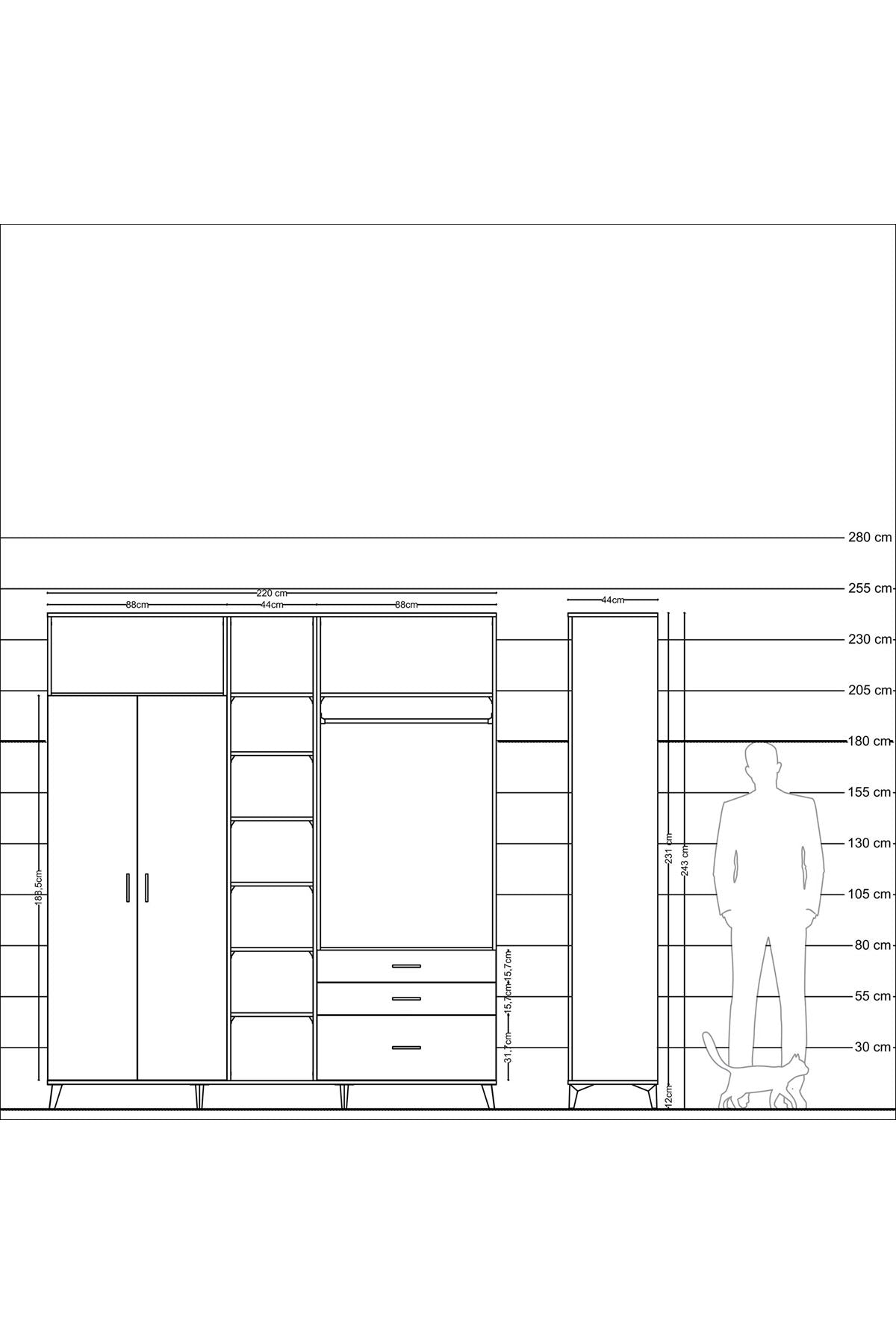 Hyperion Dolap 9 Raflı 3 Çekmeceli 2 Askılı 220x44x243 - S553M028V15B