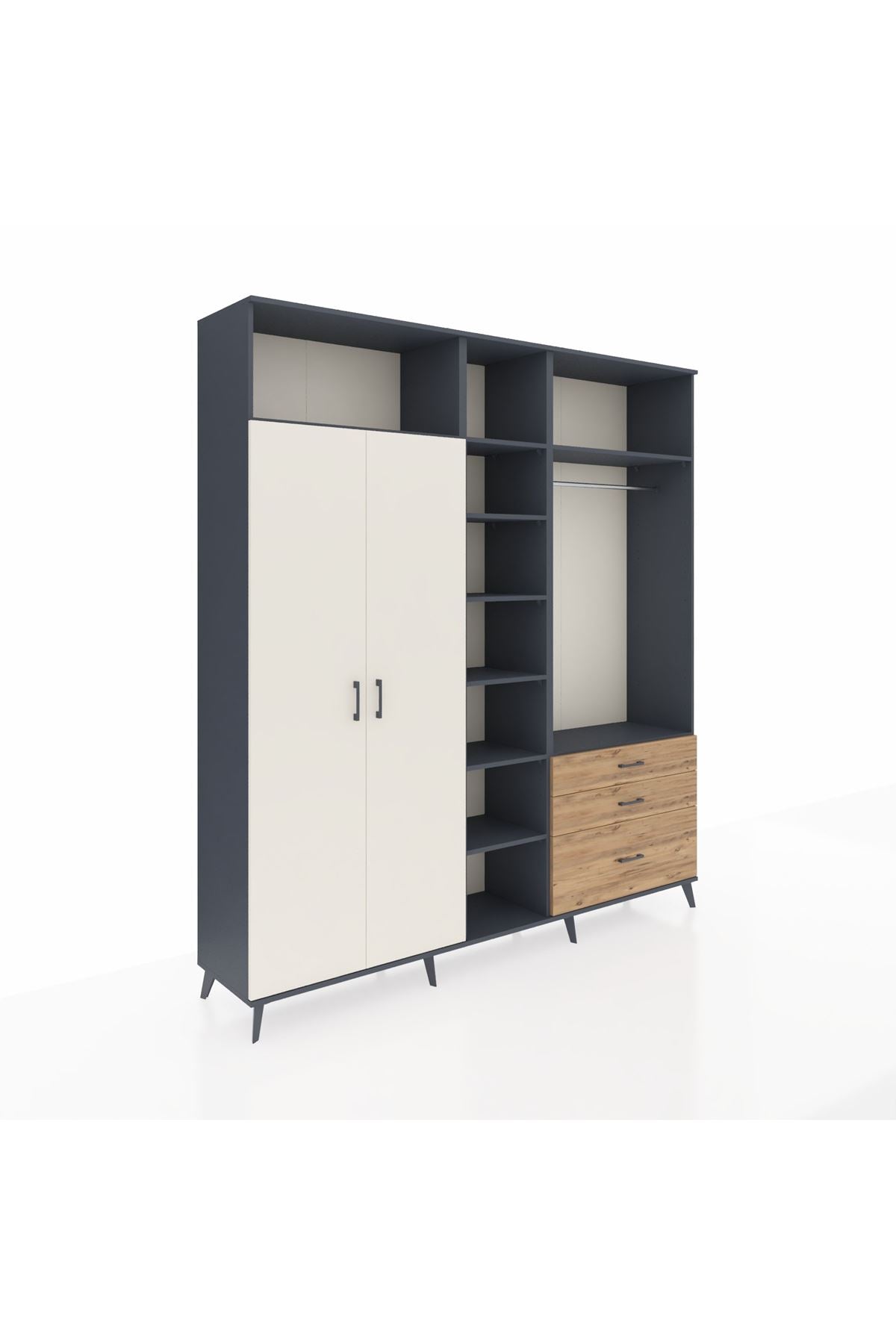 Hyperion Dolap 9 Raflı 3 Çekmeceli 2 Askılı 220x44x243 Antrasit-Aytaşı/Çam