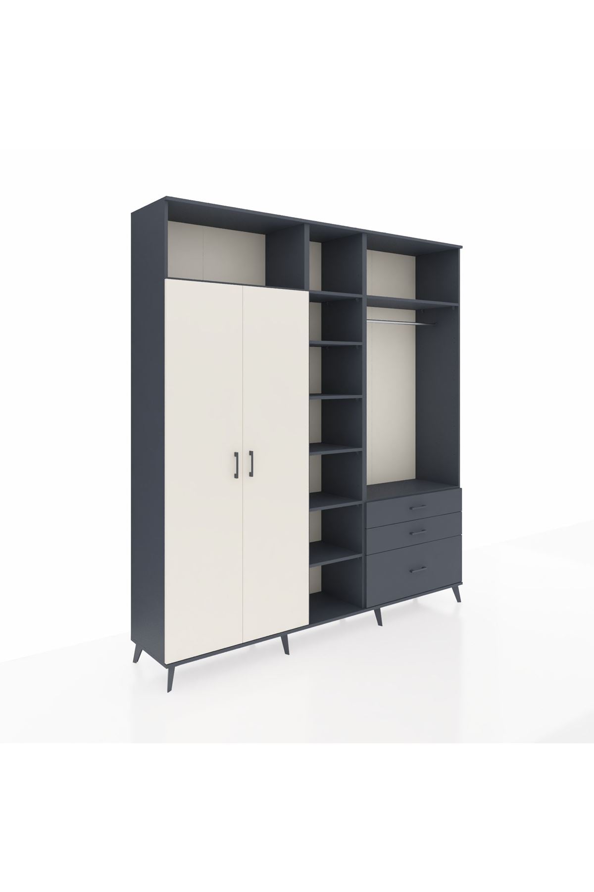 Hyperion Dolap 9 Raflı 3 Çekmeceli 2 Askılı 220x44x243 Antrasit-Aytaşı/Antrasit