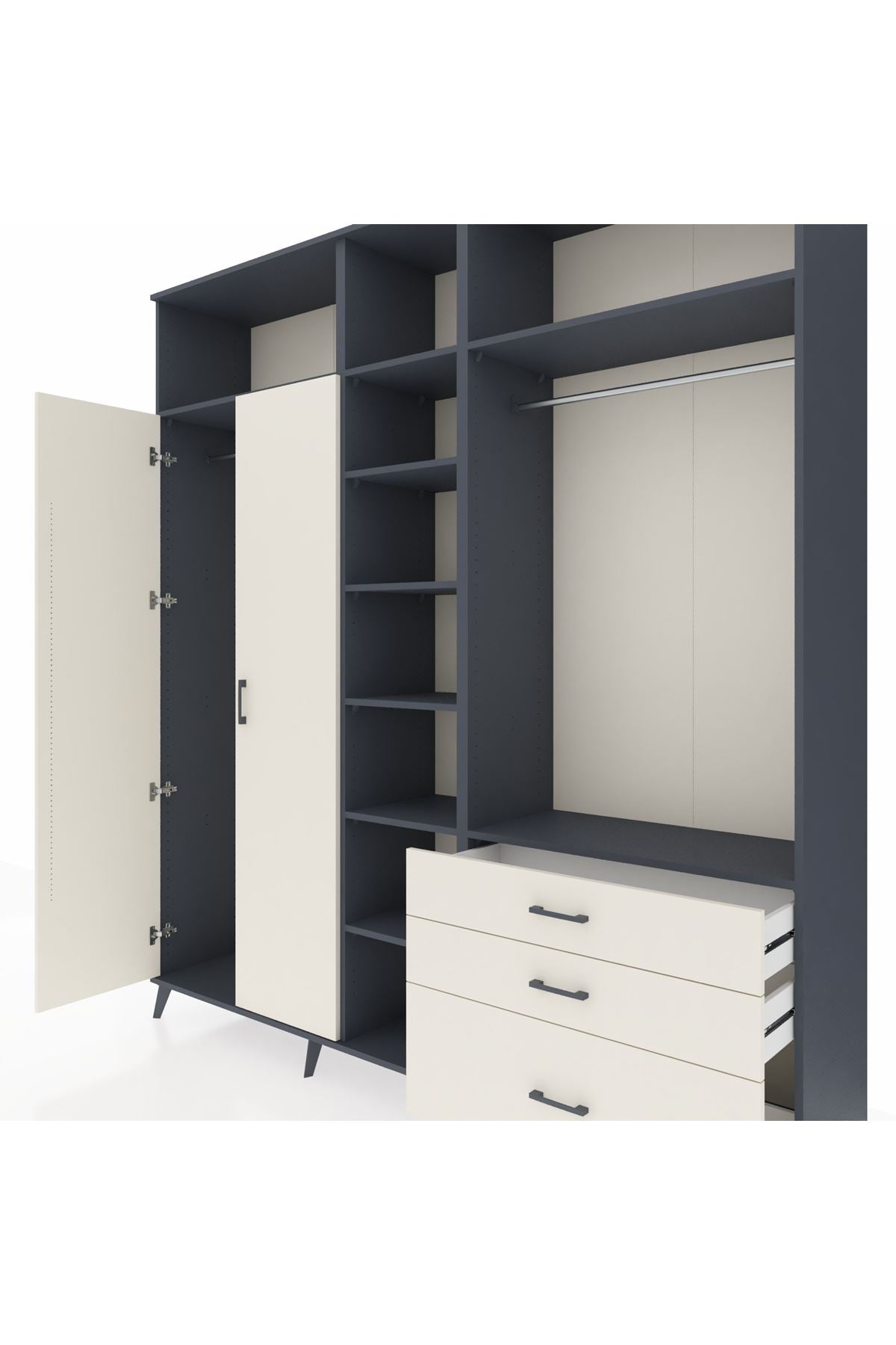 Hyperion Dolap 9 Raflı 3 Çekmeceli 2 Askılı 220x44x243 Antrasit-Aytaşı/Aytaşı