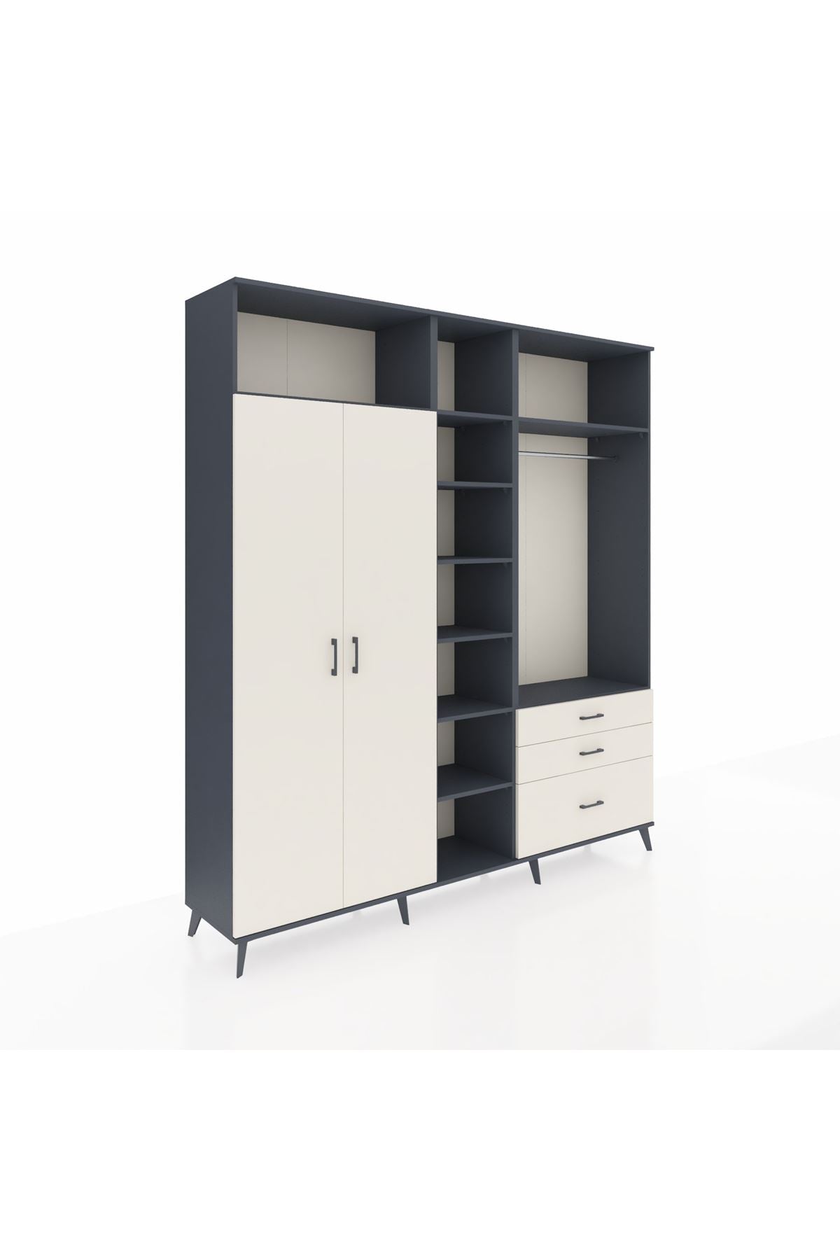 Hyperion Dolap 9 Raflı 3 Çekmeceli 2 Askılı 220x44x243 Antrasit-Aytaşı/Aytaşı