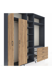 Hyperion Dolap 9 Raflı 3 Çekmeceli 2 Askılı 220x44x243 Antrasit-Çam/Çam