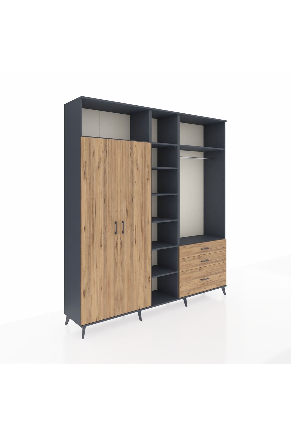 Hyperion Dolap 9 Raflı 3 Çekmeceli 2 Askılı 220x44x243 Antrasit-Çam/Çam