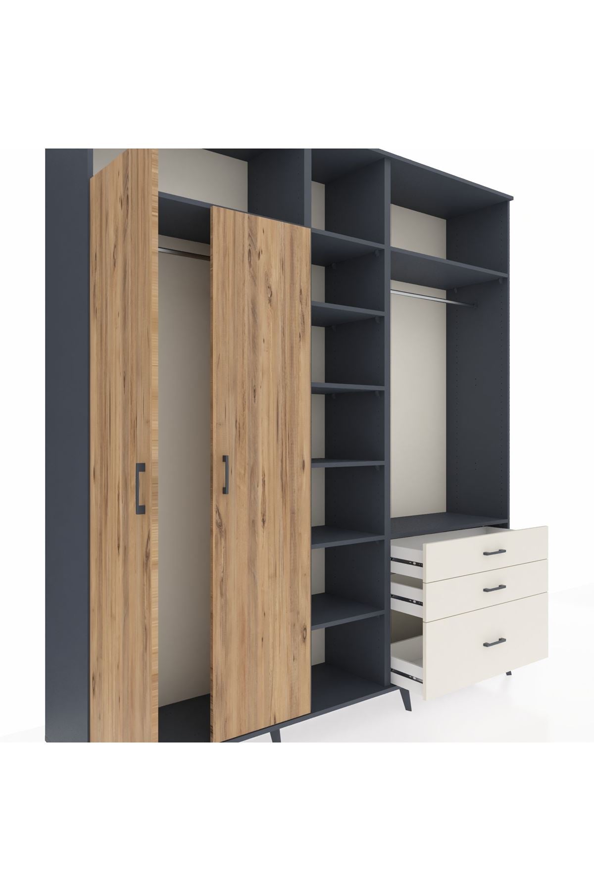 Hyperion Dolap 9 Raflı 3 Çekmeceli 2 Askılı 220x44x243 Antrasit-Çam/Aytaşı