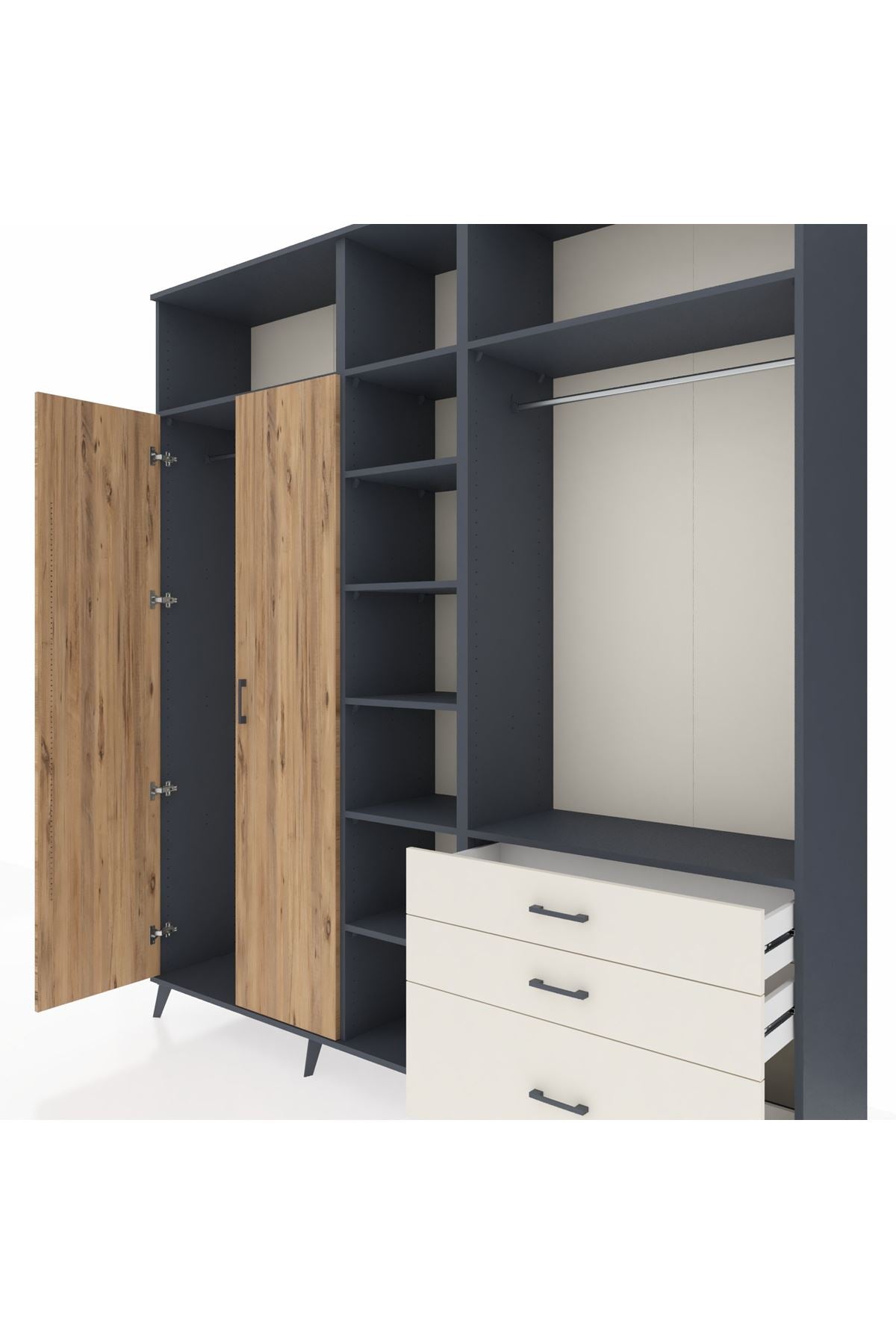 Hyperion Dolap 9 Raflı 3 Çekmeceli 2 Askılı 220x44x243 Antrasit-Çam/Aytaşı