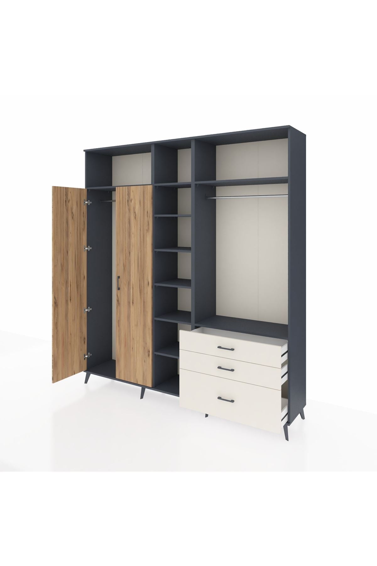 Hyperion Dolap 9 Raflı 3 Çekmeceli 2 Askılı 220x44x243 Antrasit-Çam/Aytaşı