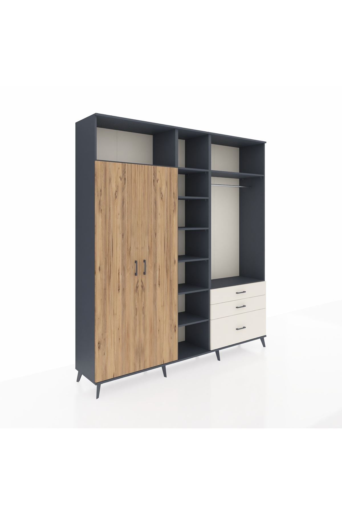 Hyperion Dolap 9 Raflı 3 Çekmeceli 2 Askılı 220x44x243 Antrasit-Çam/Aytaşı