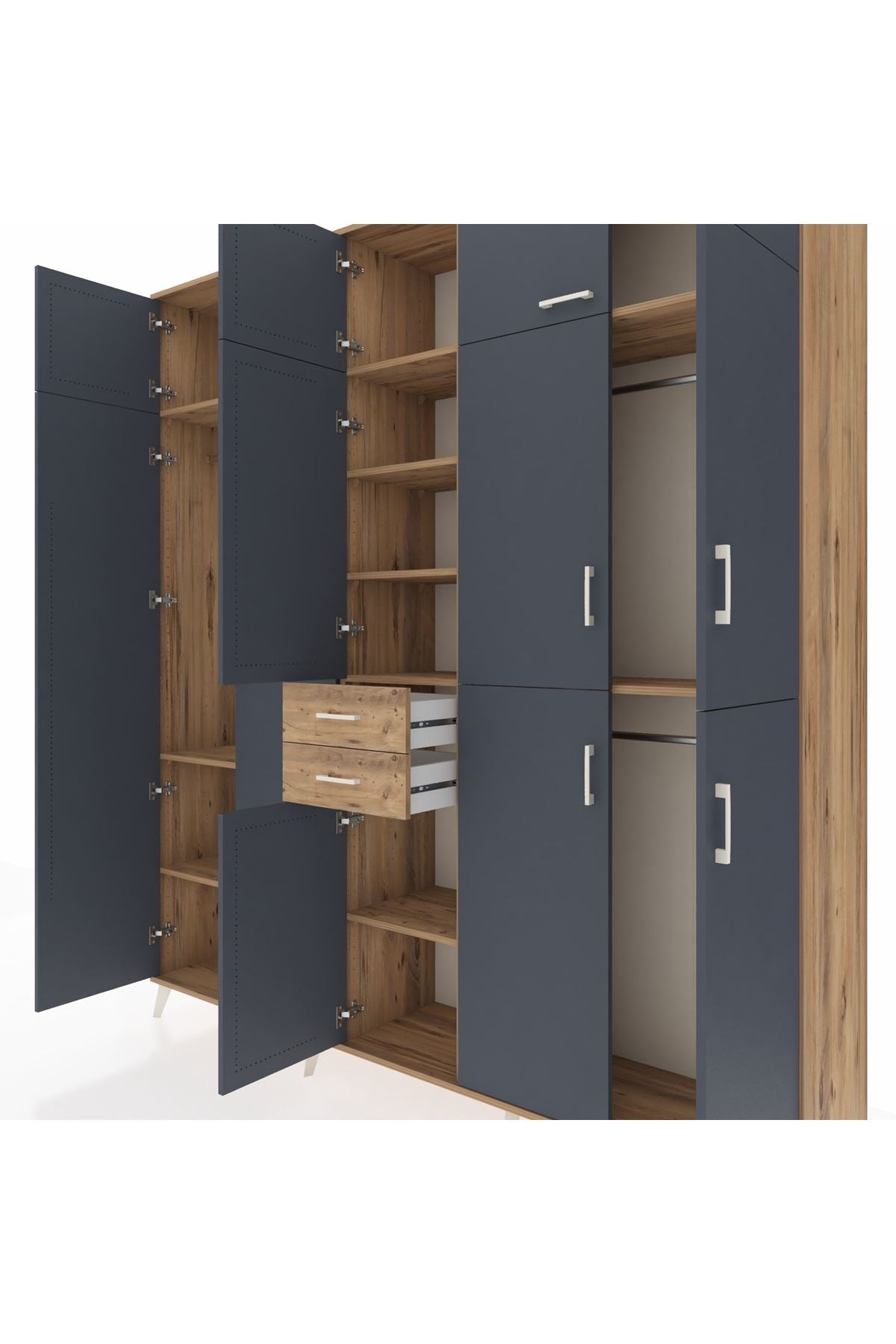 Hyperion Dolap 10 Raflı 2 Çekmeceli 3 Askılı 220x44x243 Çam-Antrasit/Çam