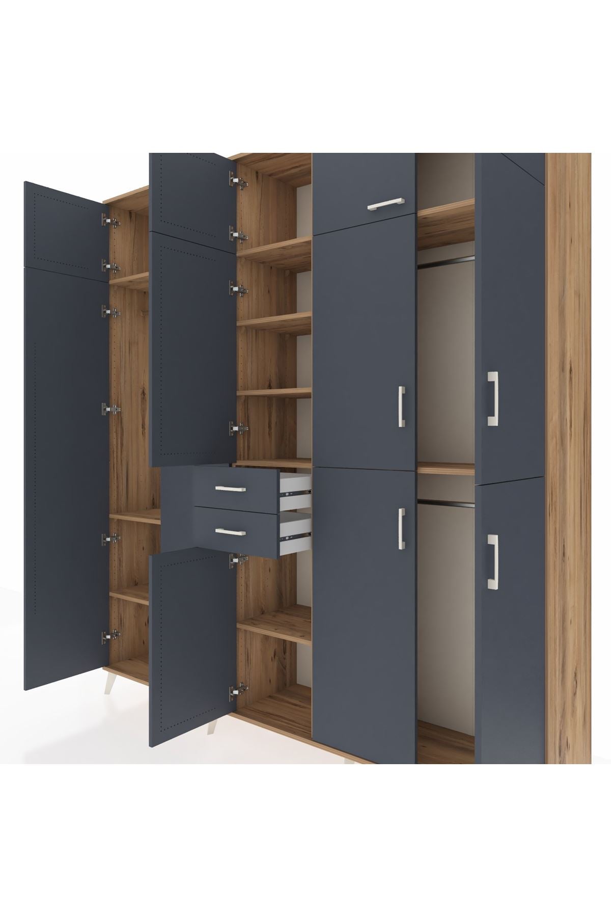 Hyperion Dolap 10 Raflı 2 Çekmeceli 3 Askılı 220x44x243 Çam-Antrasit/Antrasit