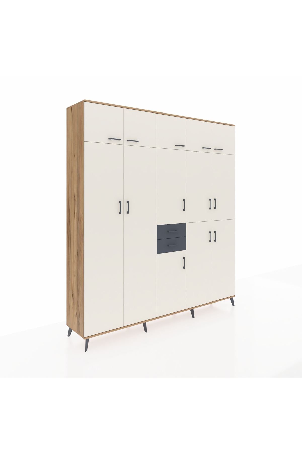 Hyperion Dolap 10 Raflı 2 Çekmeceli 3 Askılı 220x44x243 Çam-Aytaşı/Antrasit