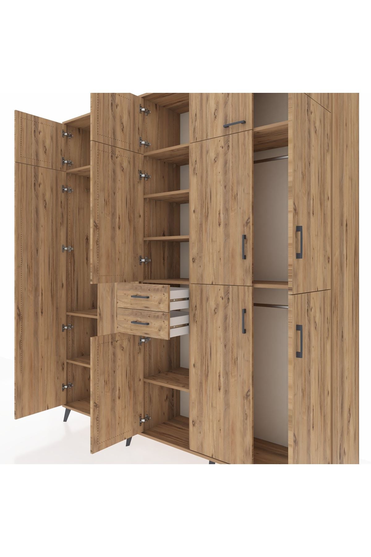 Hyperion Dolap 10 Raflı 2 Çekmeceli 3 Askılı 220x44x243 Çam-Çam/Çam