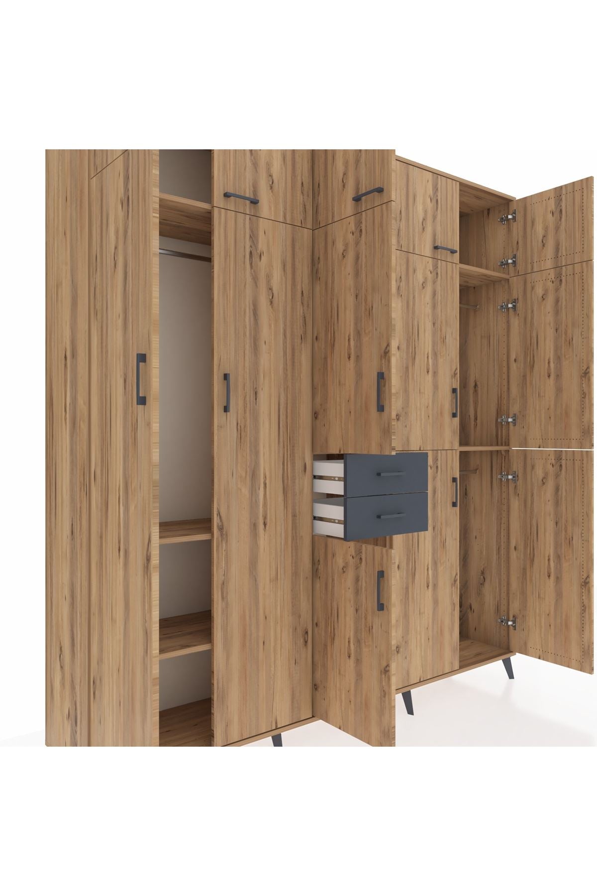 Hyperion Dolap 10 Raflı 2 Çekmeceli 3 Askılı 220x44x243 Çam-Çam/Antrasit