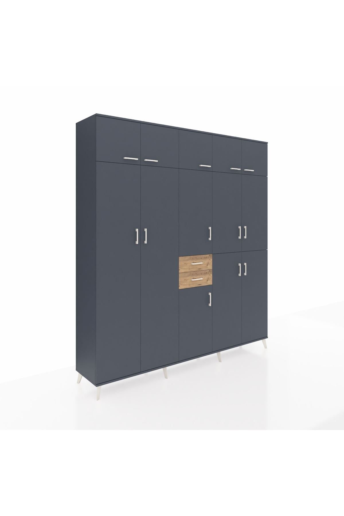 Hyperion Dolap 10 Raflı 2 Çekmeceli 3 Askılı 220x44x243 Antrasit-Antrasit/Çam