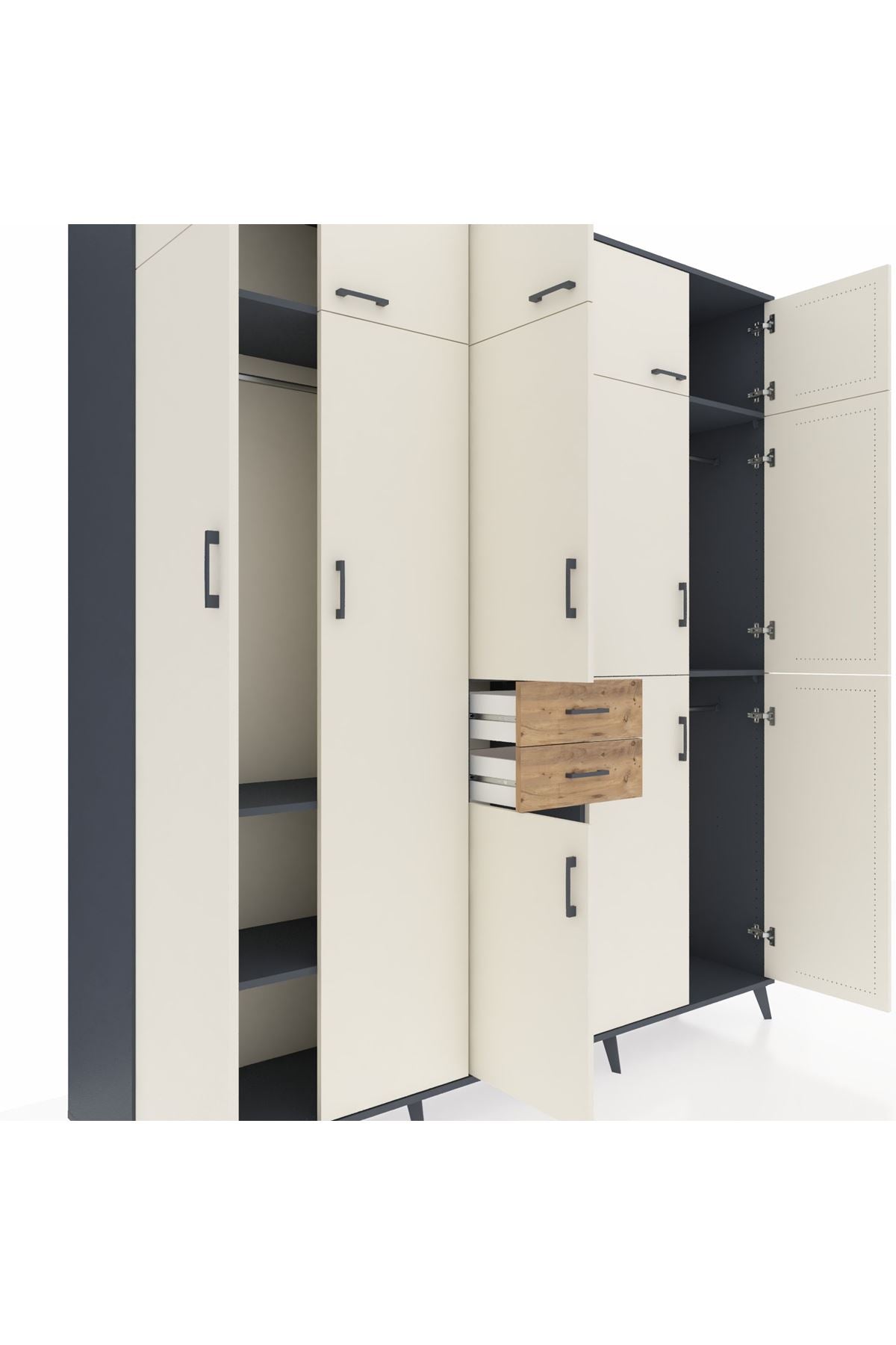 Hyperion Dolap 10 Raflı 2 Çekmeceli 3 Askılı 220x44x243 Antrasit-Aytaşı/Çam