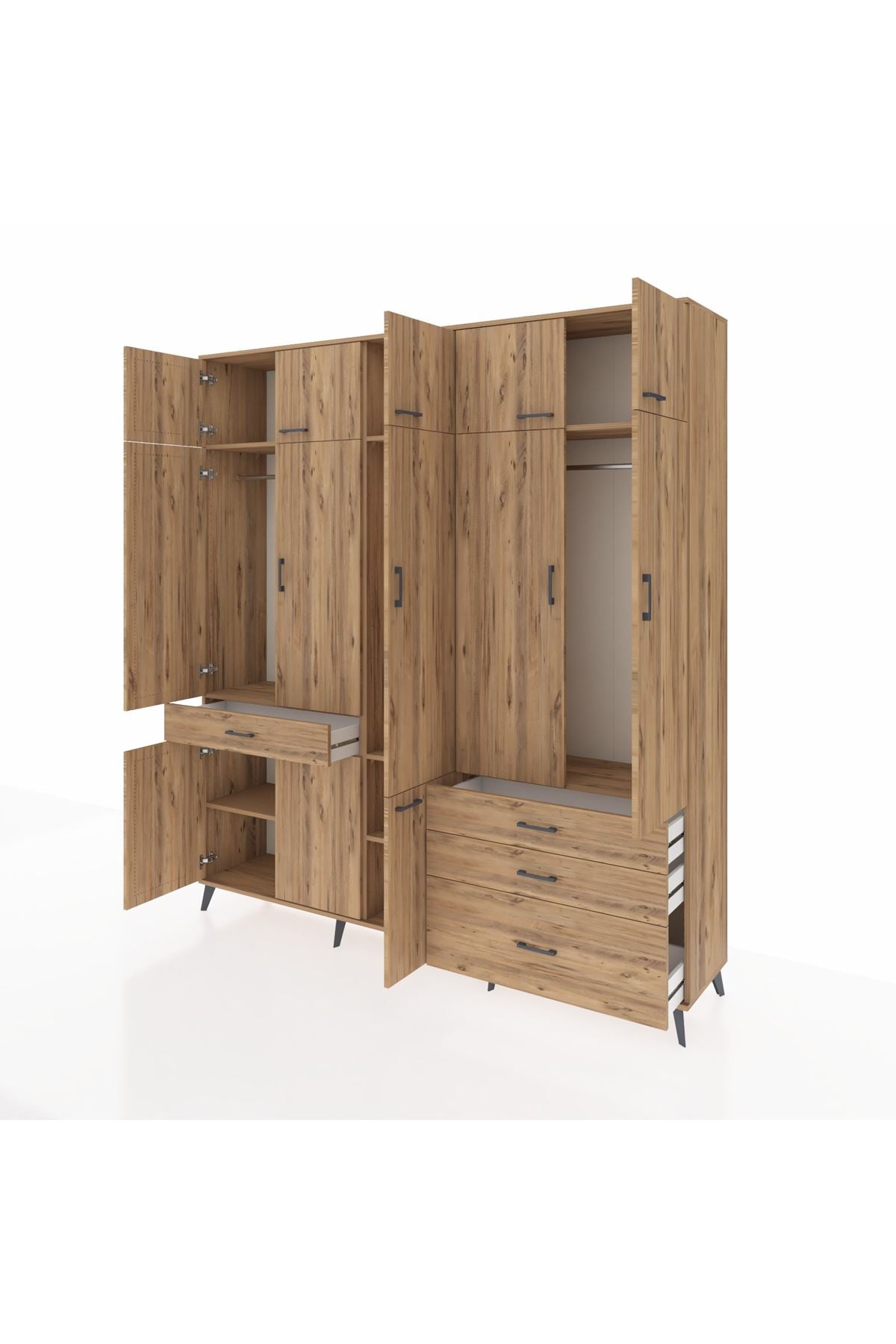 Hyperion Dolap 8 Raflı 4 Çekmeceli 3 Askılı 220x44x243 Çam-Çam/Çam