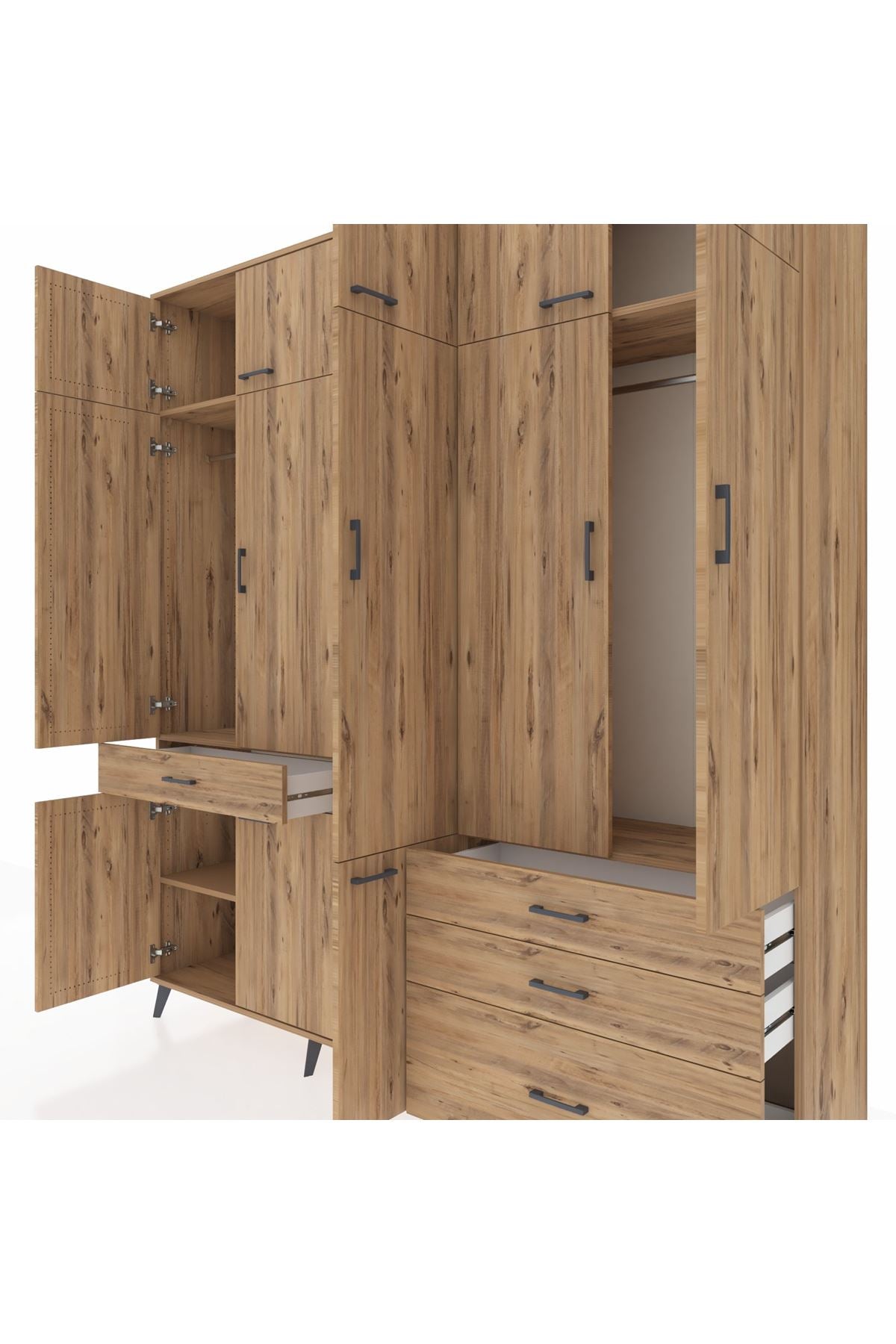 Hyperion Dolap 8 Raflı 4 Çekmeceli 3 Askılı 220x44x243 Çam-Çam/Çam