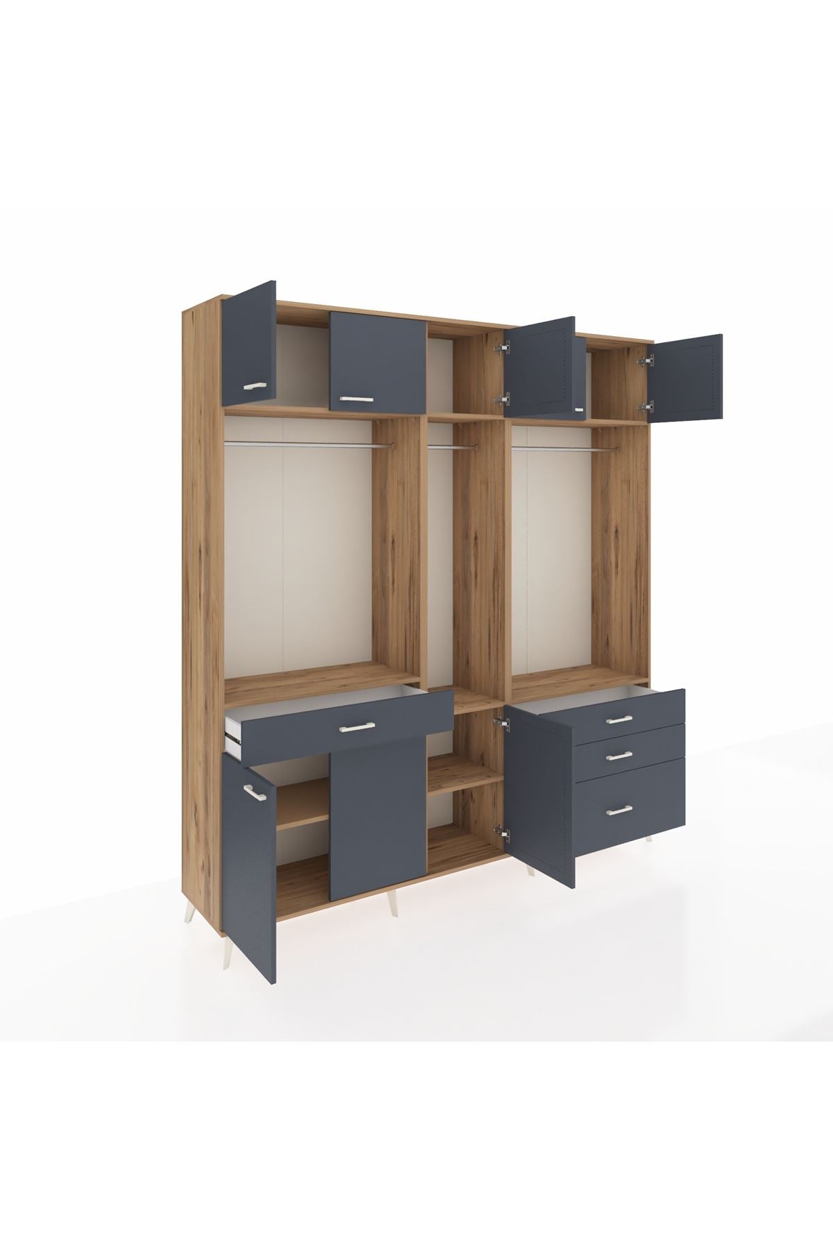 Hyperion Dolap 8 Raflı 4 Çekmeceli 3 Askılı 220x44x243 Çam-Antrasit/Antrasit