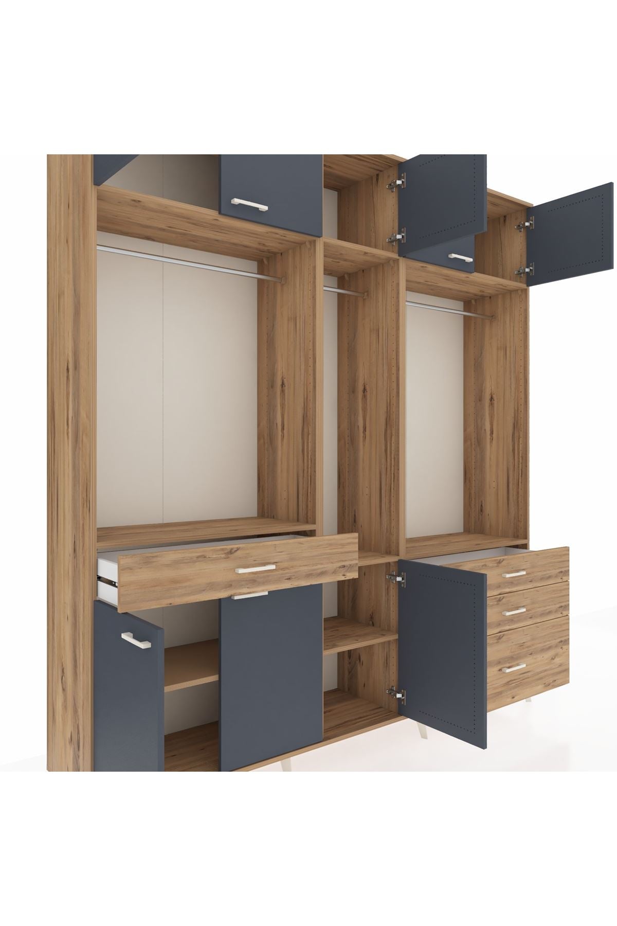 Hyperion Dolap 8 Raflı 4 Çekmeceli 3 Askılı 220x44x243 Çam-Antrasit/Çam