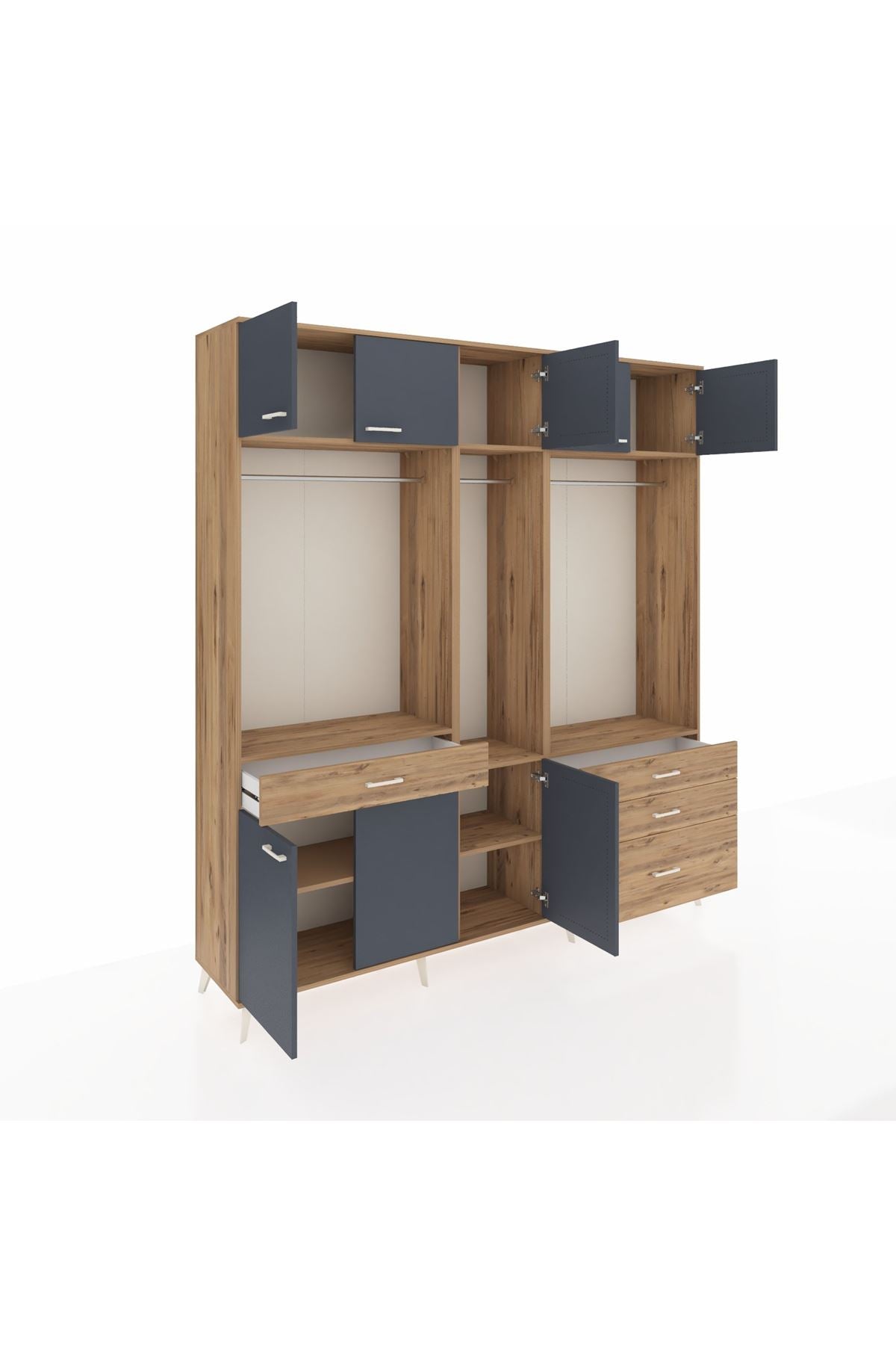 Hyperion Dolap 8 Raflı 4 Çekmeceli 3 Askılı 220x44x243 Çam-Antrasit/Çam