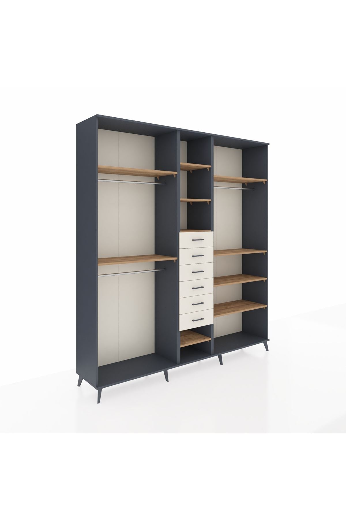 Hyperion Dolap 10 Raflı 6 Çekmeceli 3 Askılı 220x44x243 Antrasit-Çam/Aytaşı