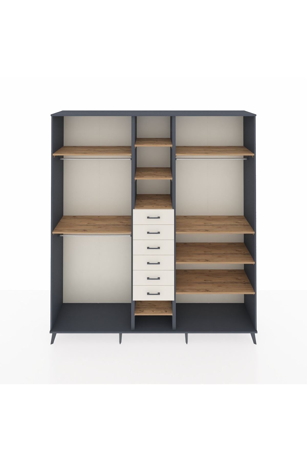 Hyperion Dolap 10 Raflı 6 Çekmeceli 3 Askılı 220x44x243 Antrasit-Çam/Aytaşı